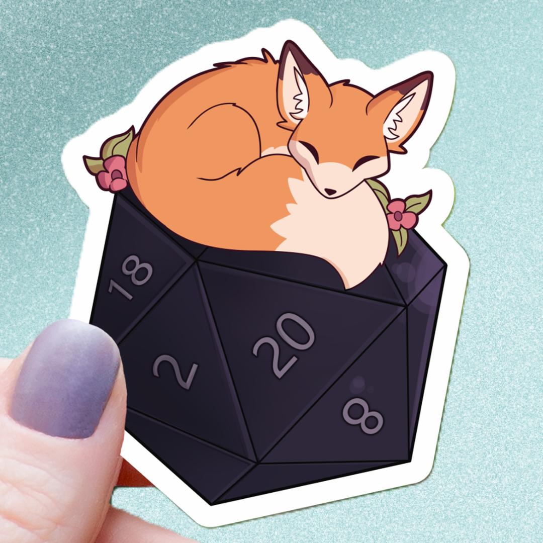 Floral Fox Sleeping on a D20 Dice Sticker - 3" Waterproof Vinyl Decal