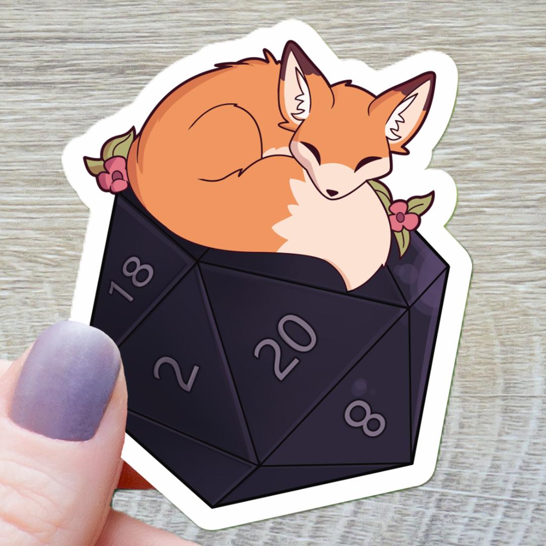 Floral Fox Sleeping on a D20 Dice Sticker - 3" Waterproof Vinyl Decal