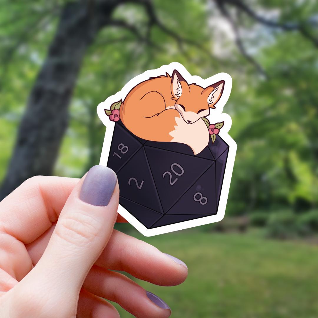 Floral Fox Sleeping on a D20 Dice Sticker - 3" Waterproof Vinyl Decal