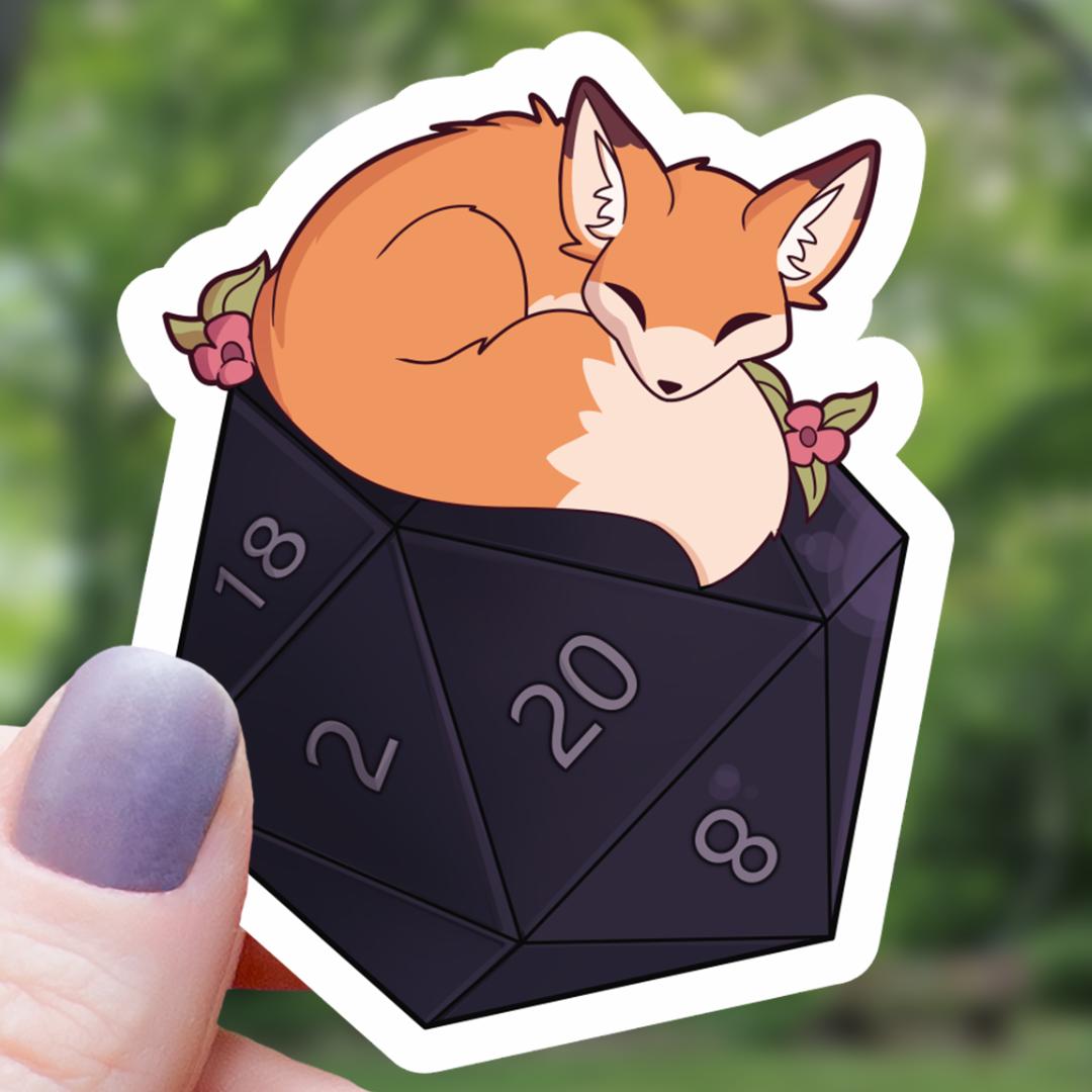 Floral Fox Sleeping on a D20 Dice Sticker - 3" Waterproof Vinyl Decal