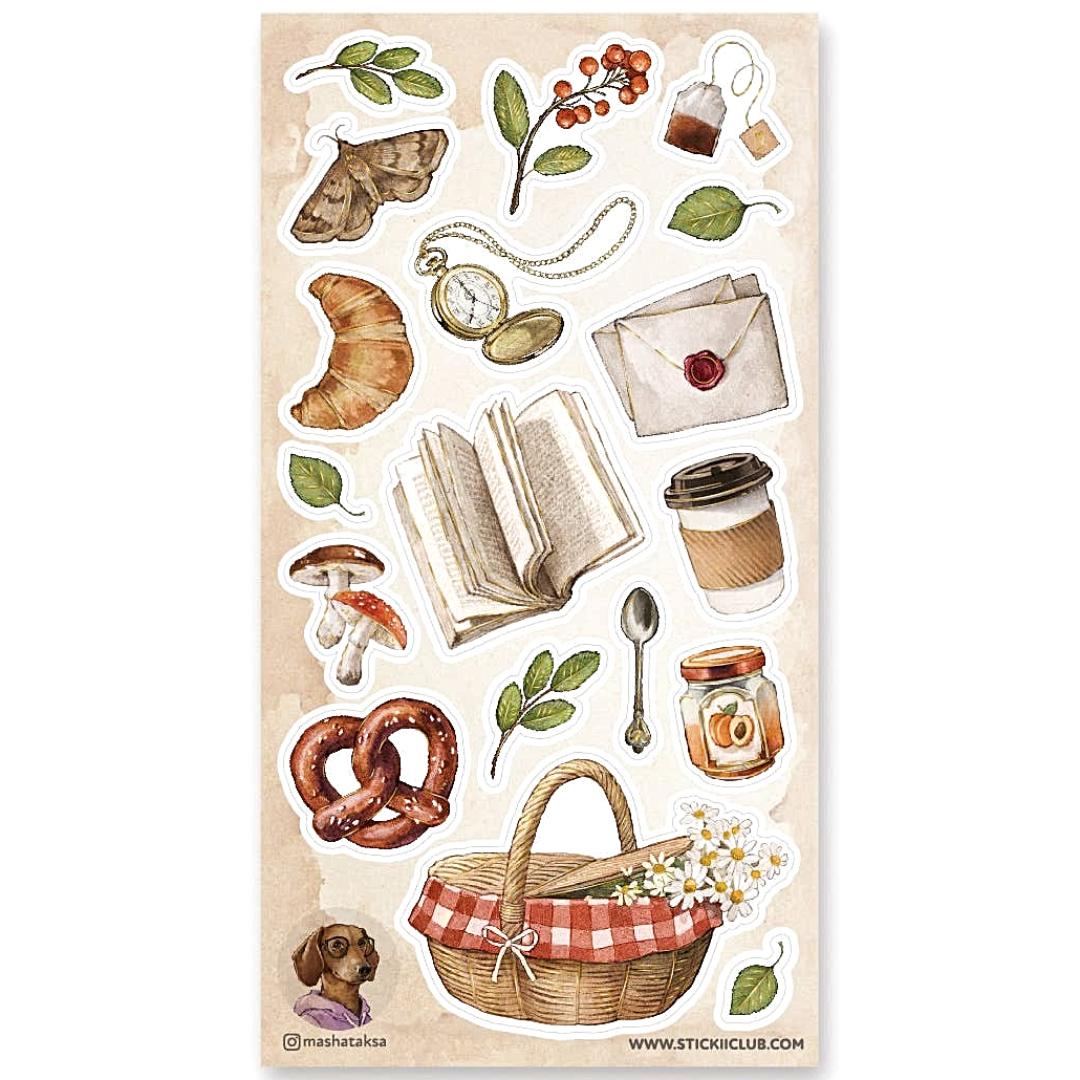 Autumn Picnic Stickers - Food, Books, and Nature Sticker Sheet