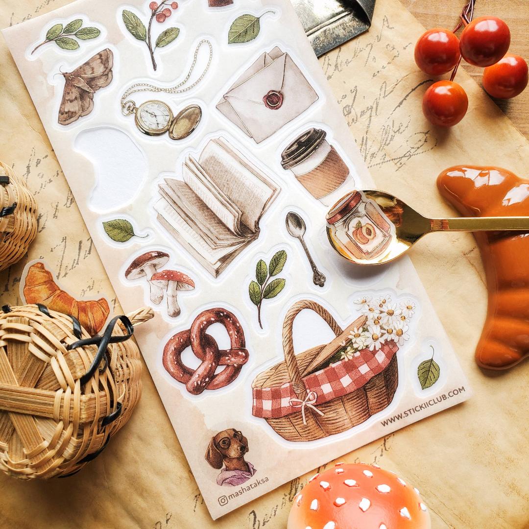 Autumn Picnic Stickers - Food, Books, and Nature Sticker Sheet