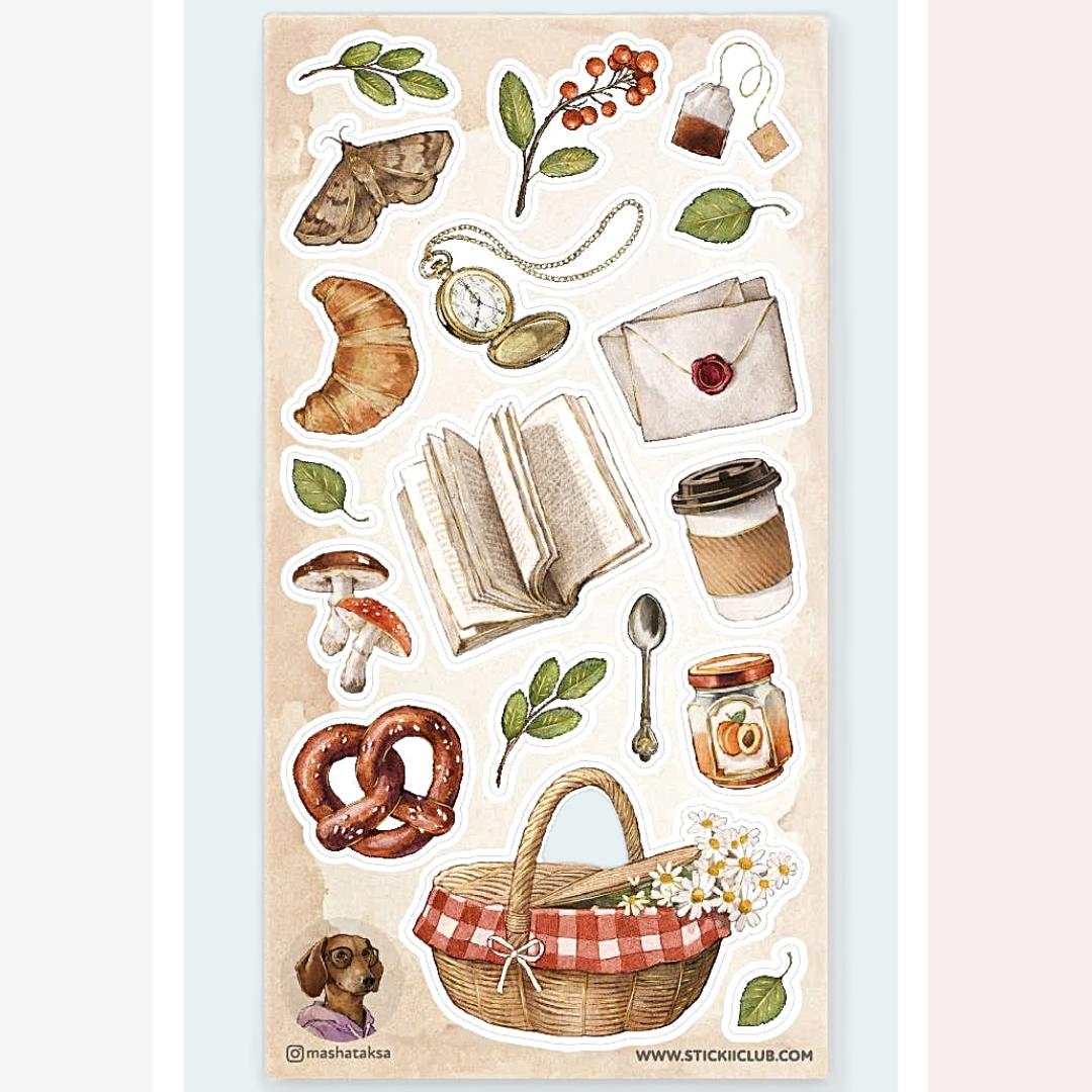 Autumn Picnic Stickers - Food, Books, and Nature Sticker Sheet