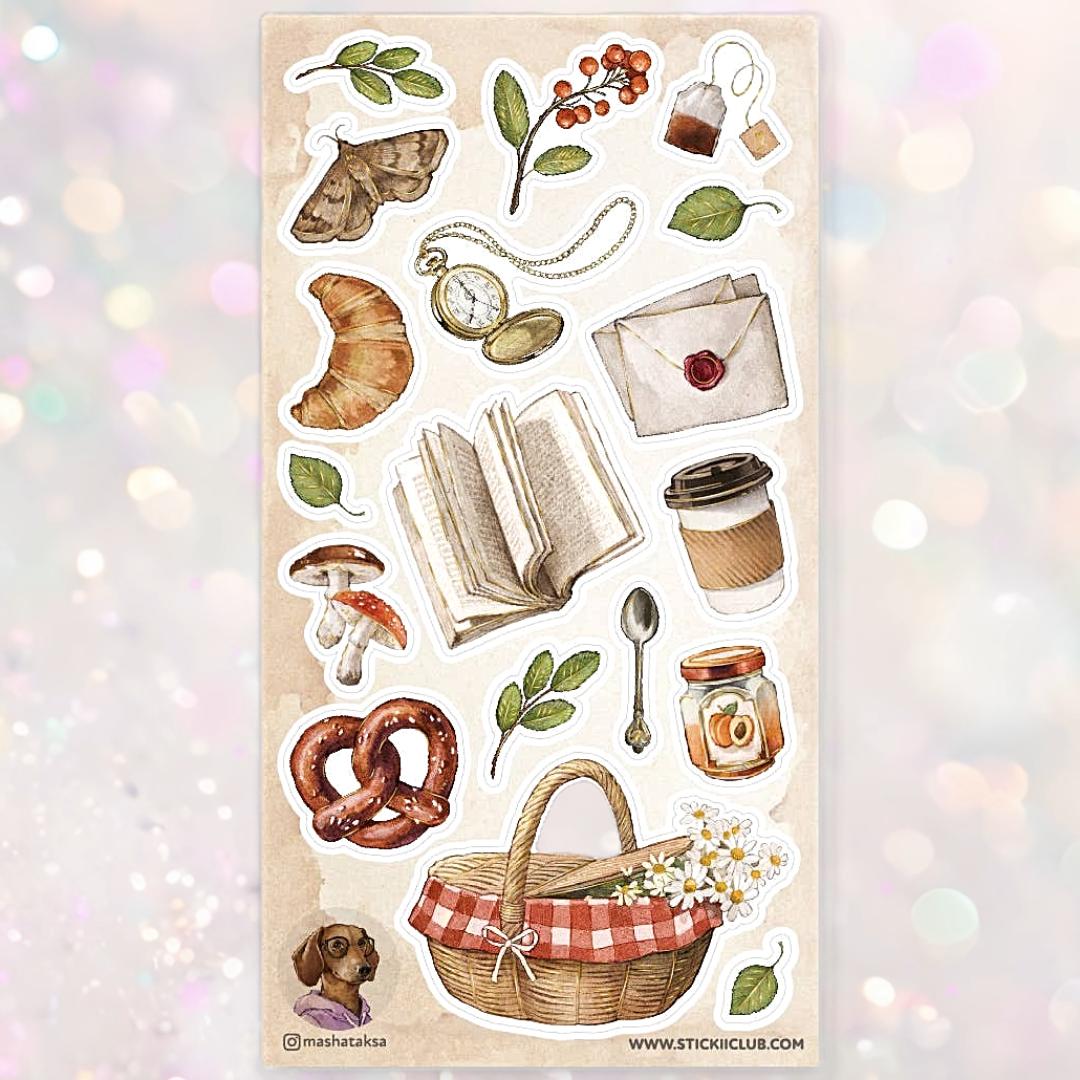 Autumn Picnic Stickers - Food, Books, and Nature Sticker Sheet