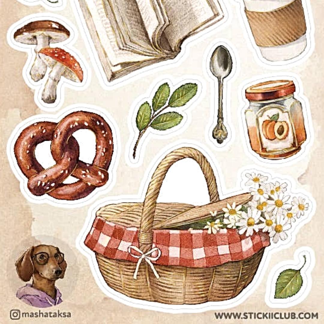 Autumn Picnic Stickers - Food, Books, and Nature Sticker Sheet