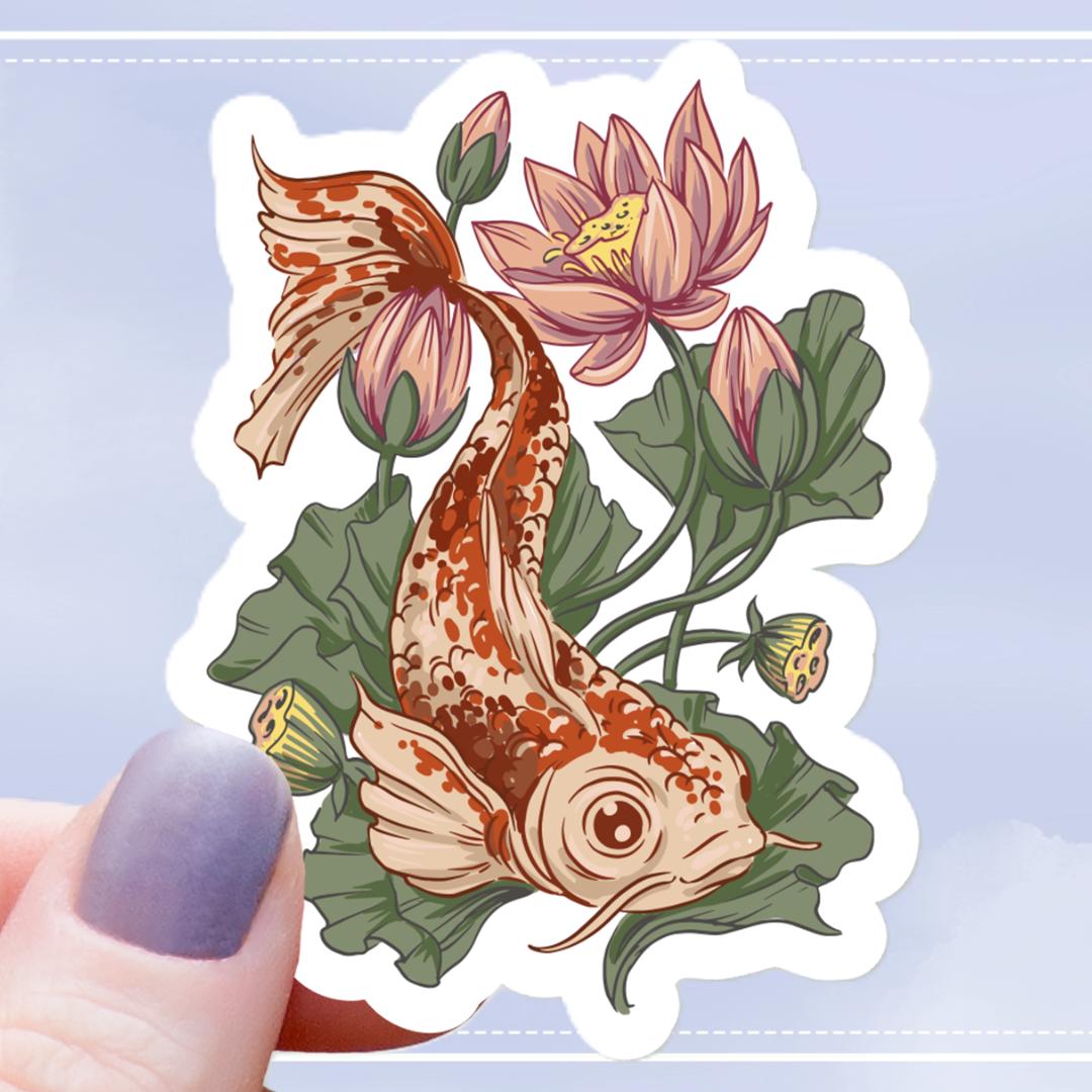Floral Koi Fish Sticker - 3" Waterproof Vinyl Decal