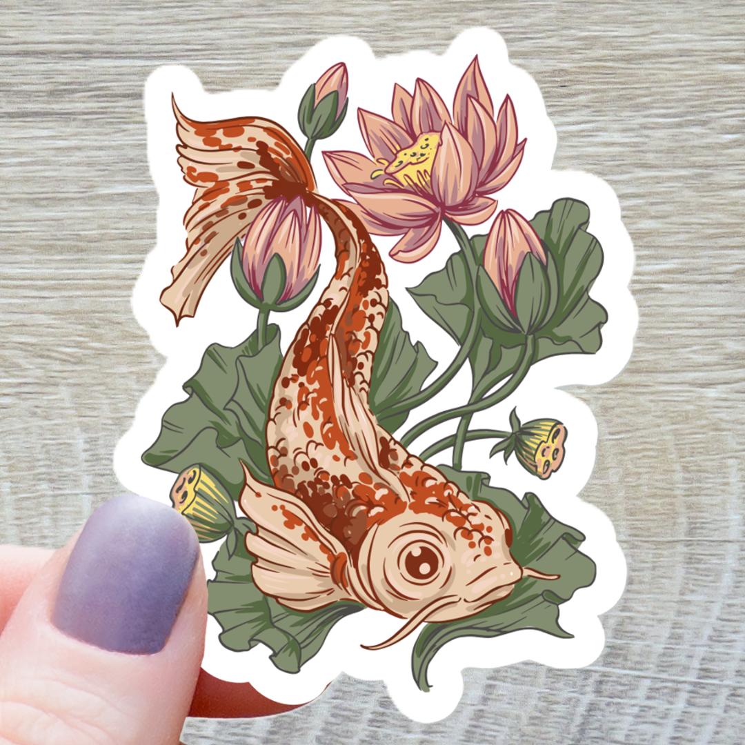 Floral Koi Fish Sticker - 3" Waterproof Vinyl Decal