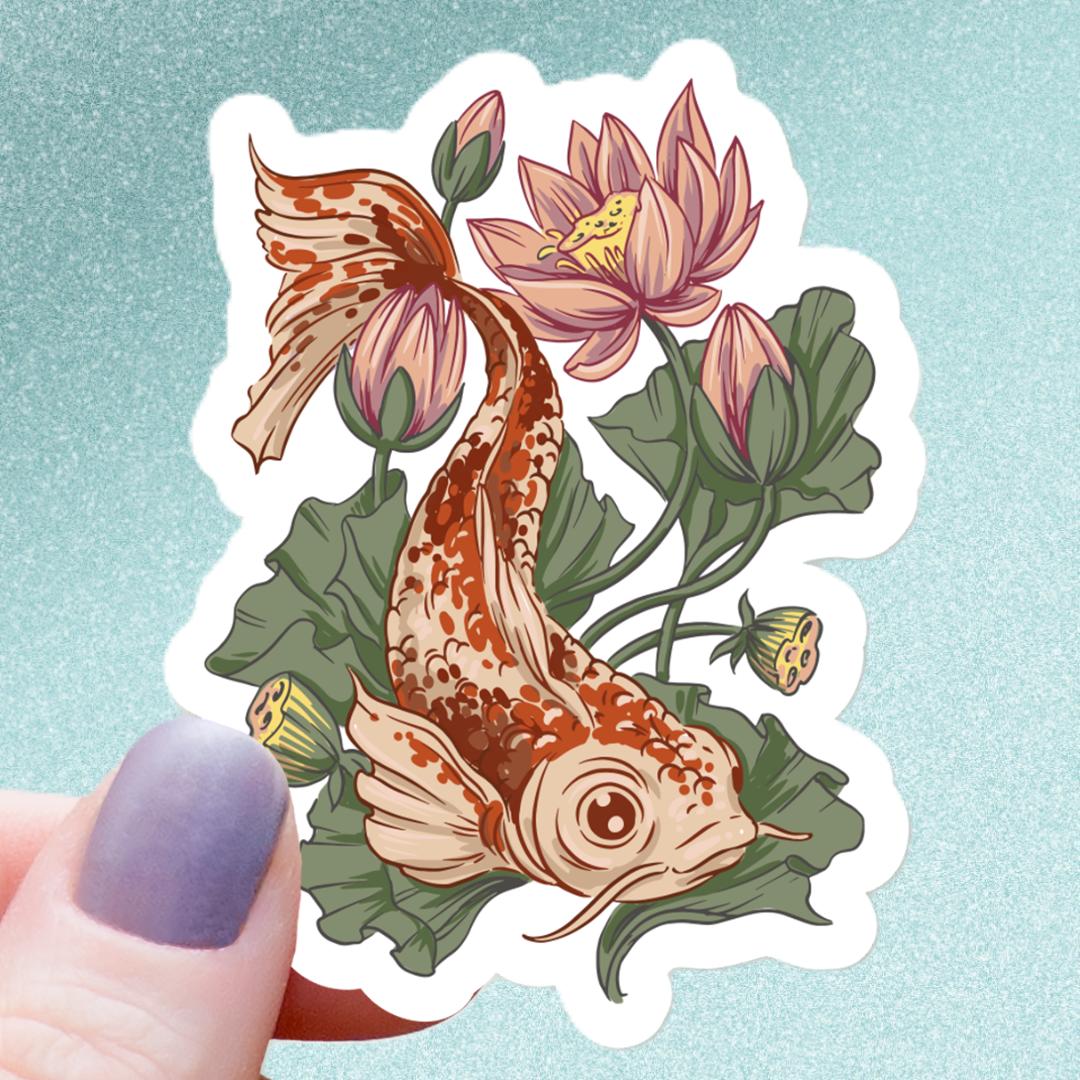 Floral Koi Fish Sticker - 3" Waterproof Vinyl Decal