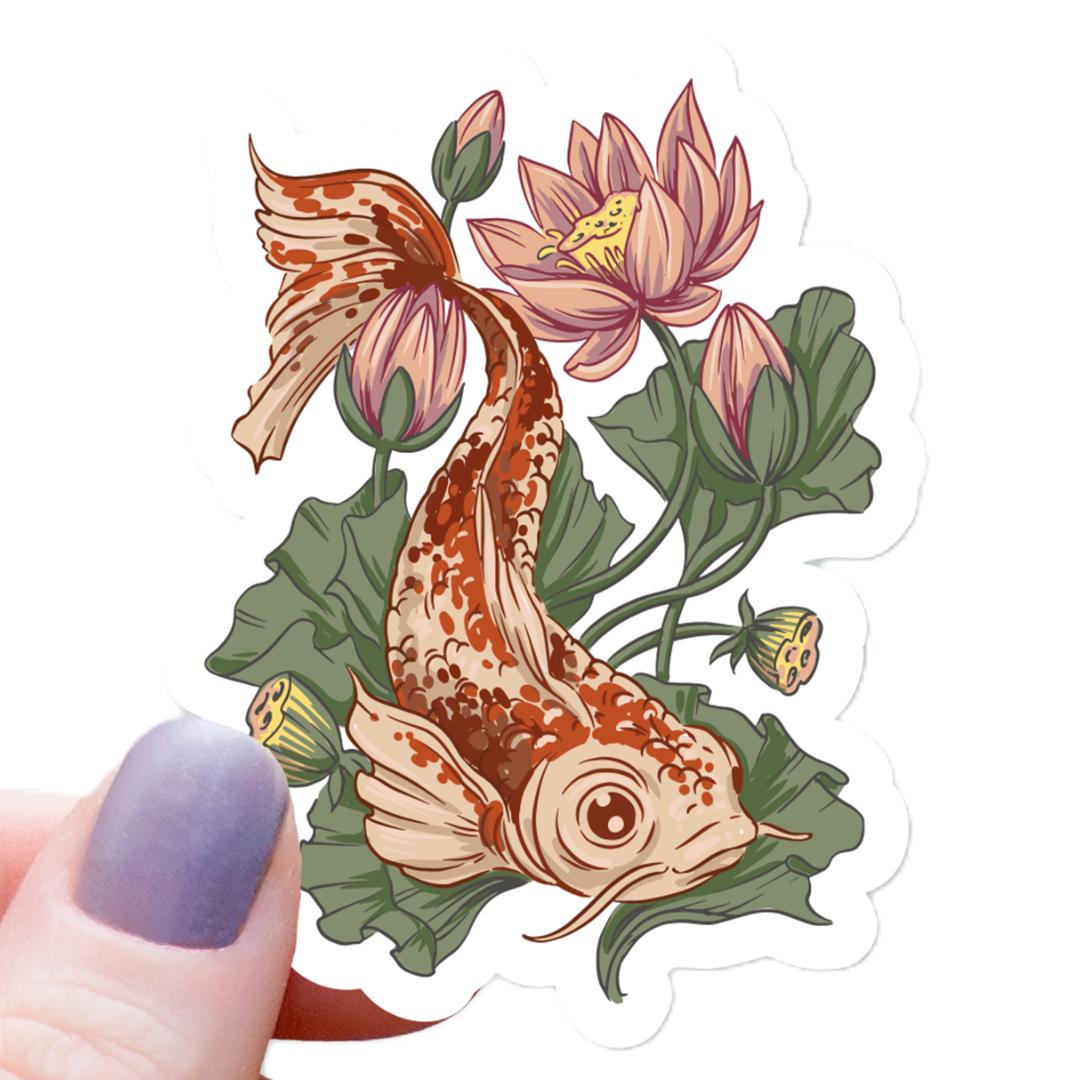 Floral Koi Fish Sticker - 3" Waterproof Vinyl Decal
