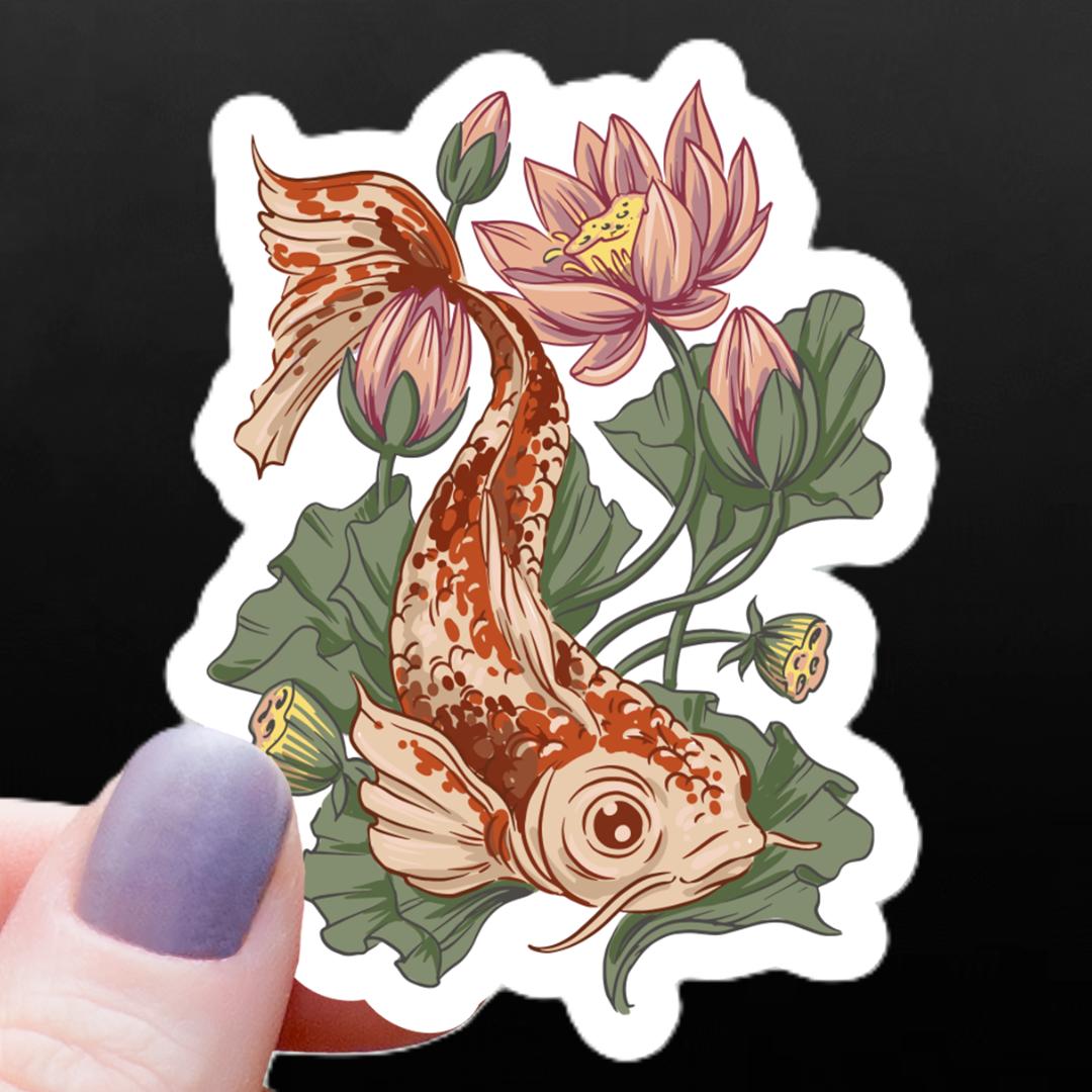 Floral Koi Fish Sticker - 3" Waterproof Vinyl Decal
