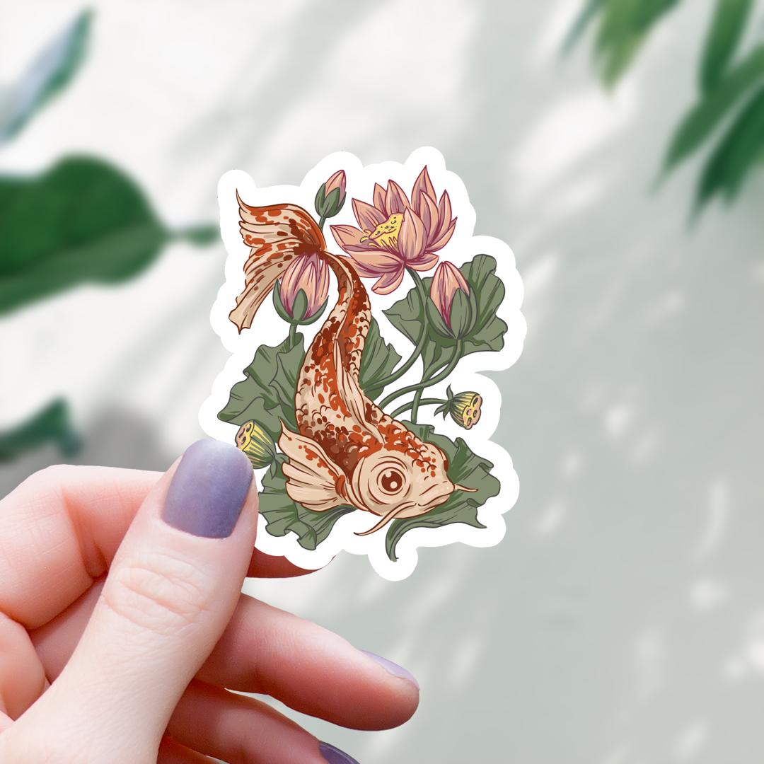 Floral Koi Fish Sticker - 3" Waterproof Vinyl Decal