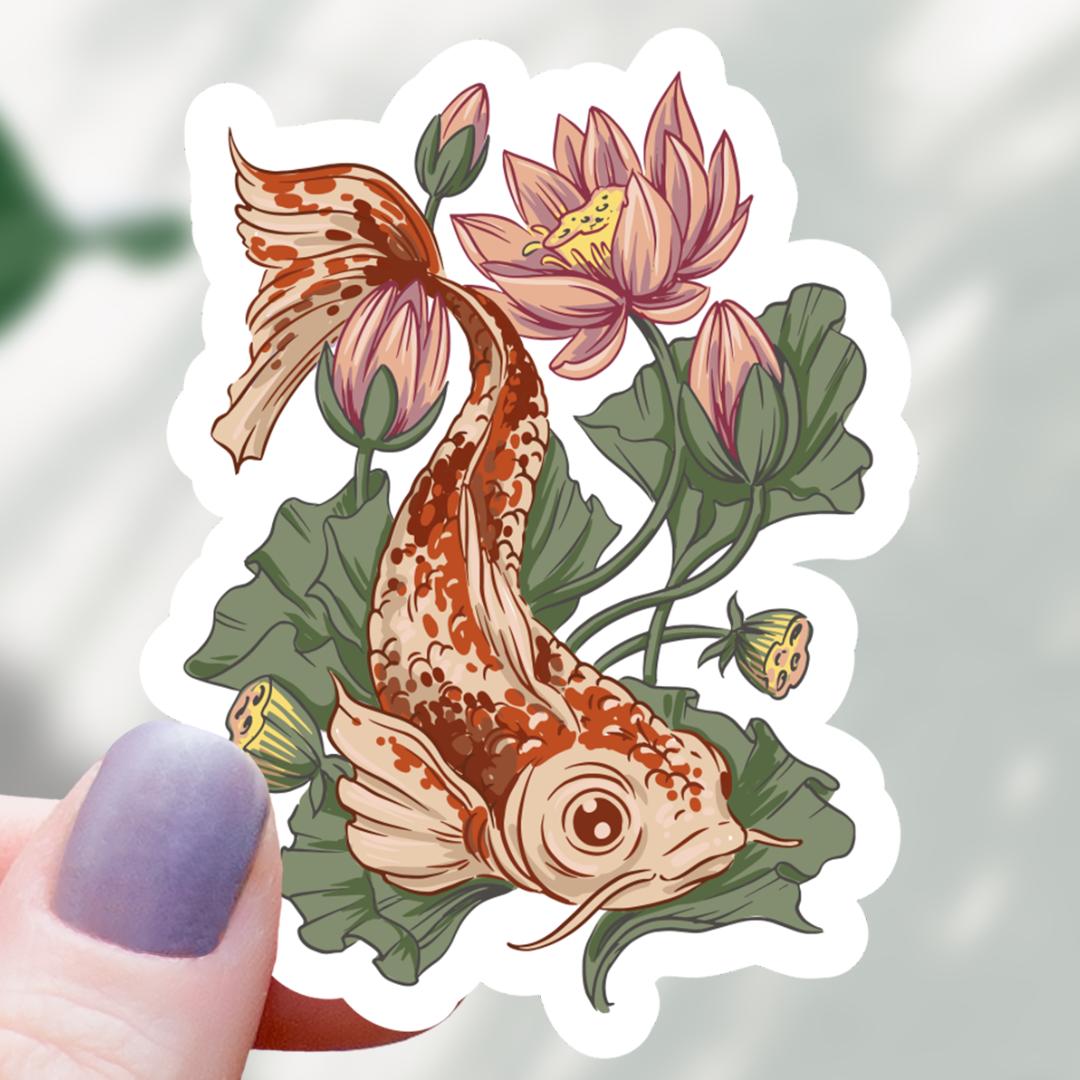 Floral Koi Fish Sticker - 3" Waterproof Vinyl Decal