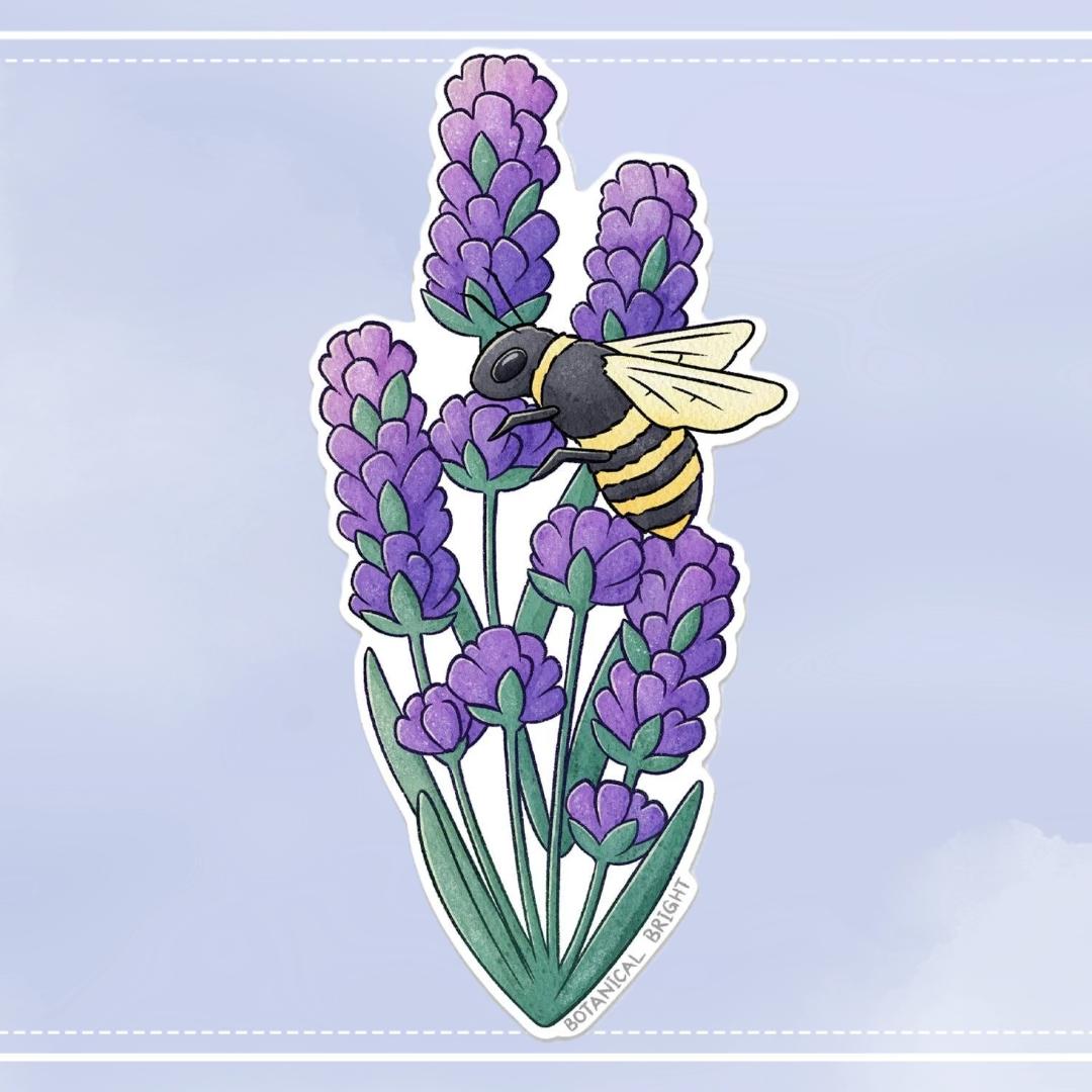 Bee and Lavender Flower Sticker - Waterproof Vinyl Nature, Floral, & Garden Decal