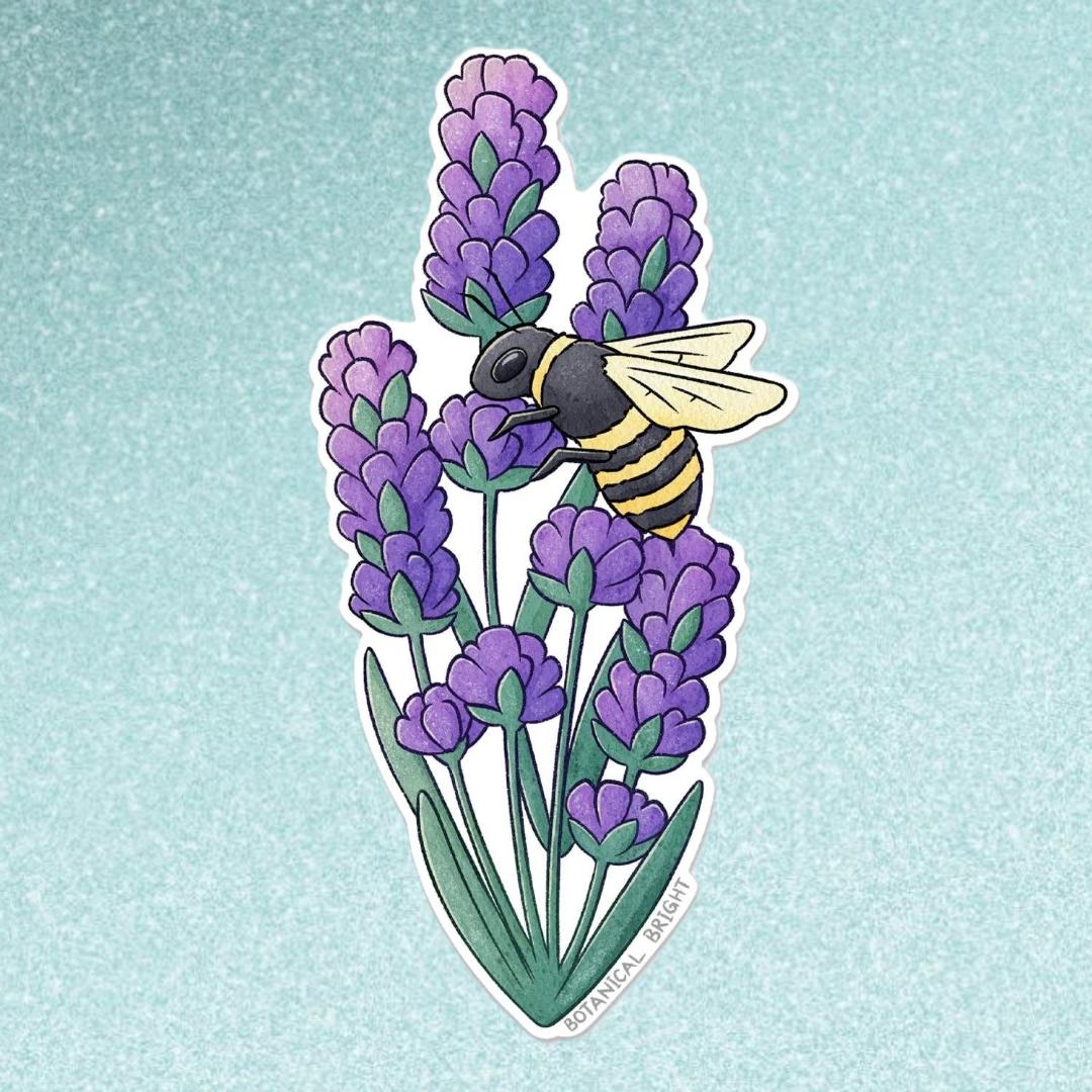 Bee and Lavender Flower Sticker - Waterproof Vinyl Nature, Floral, & Garden Decal