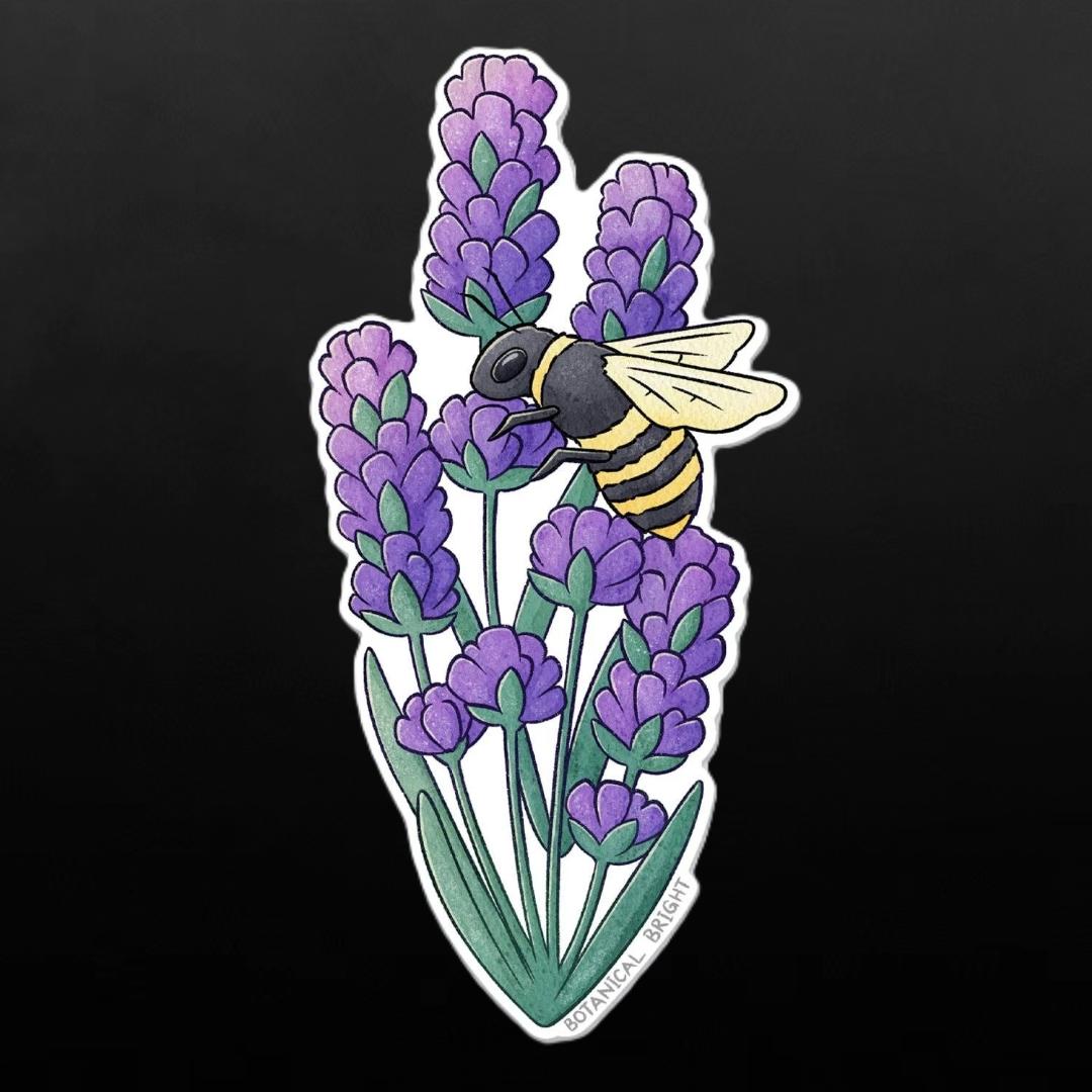 Bee and Lavender Flower Sticker - Waterproof Vinyl Nature, Floral, & Garden Decal