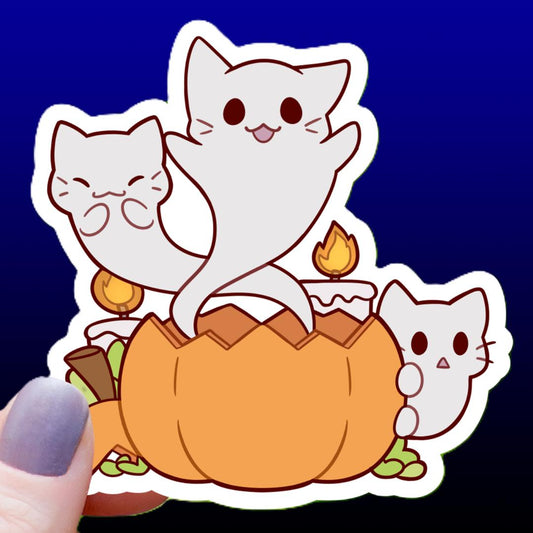 Ghost Cats Coming Out of Pumpkin Sticker - Halloween - 3" Waterproof Vinyl Decal