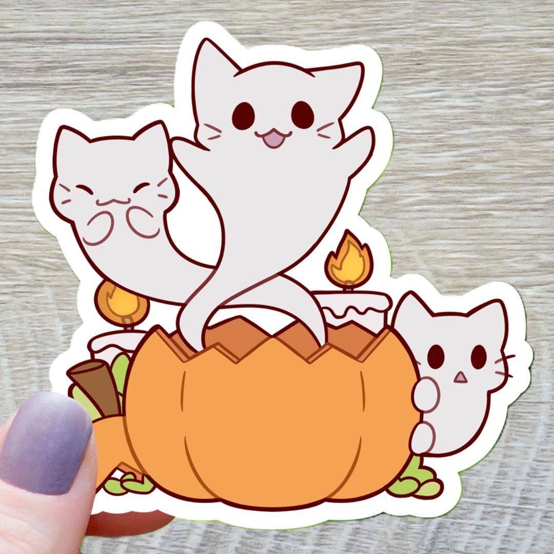 Ghost Cats Coming Out of Pumpkin Sticker - Halloween - 3" Waterproof Vinyl Decal