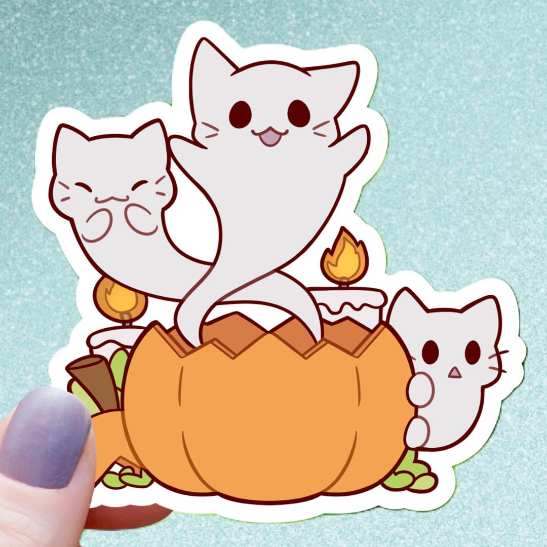 Ghost Cats Coming Out of Pumpkin Sticker - Halloween - 3" Waterproof Vinyl Decal