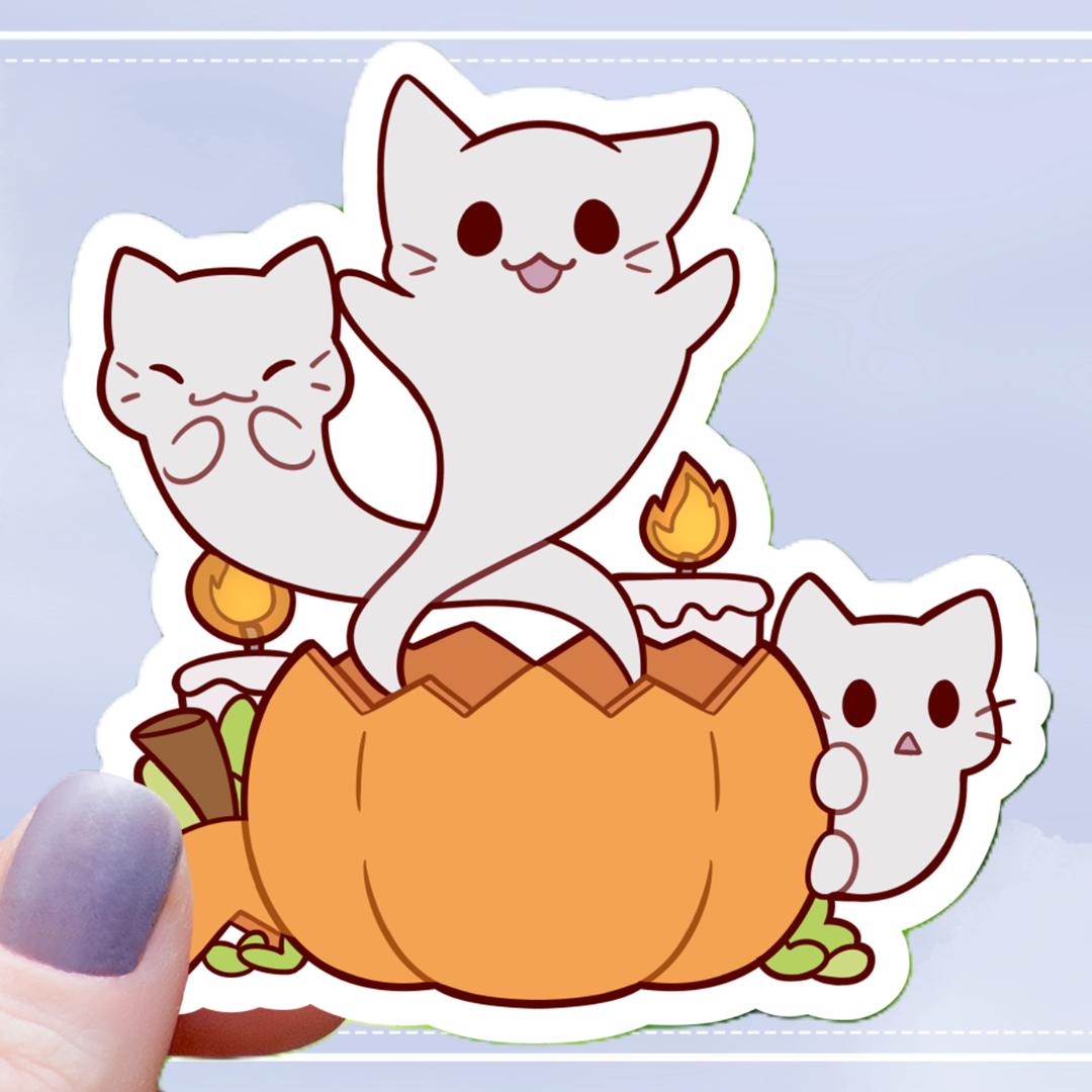 Ghost Cats Coming Out of Pumpkin Sticker - Halloween - 3" Waterproof Vinyl Decal