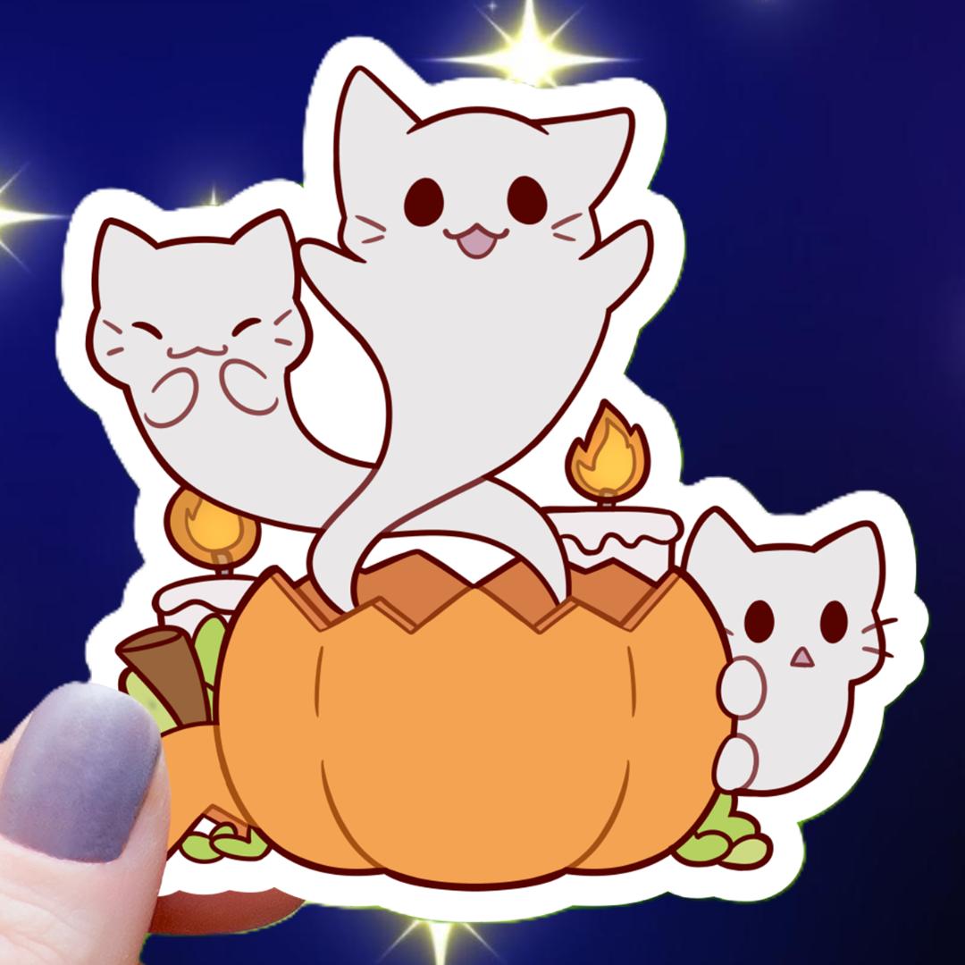 Ghost Cats Coming Out of Pumpkin Sticker - Halloween - 3" Waterproof Vinyl Decal
