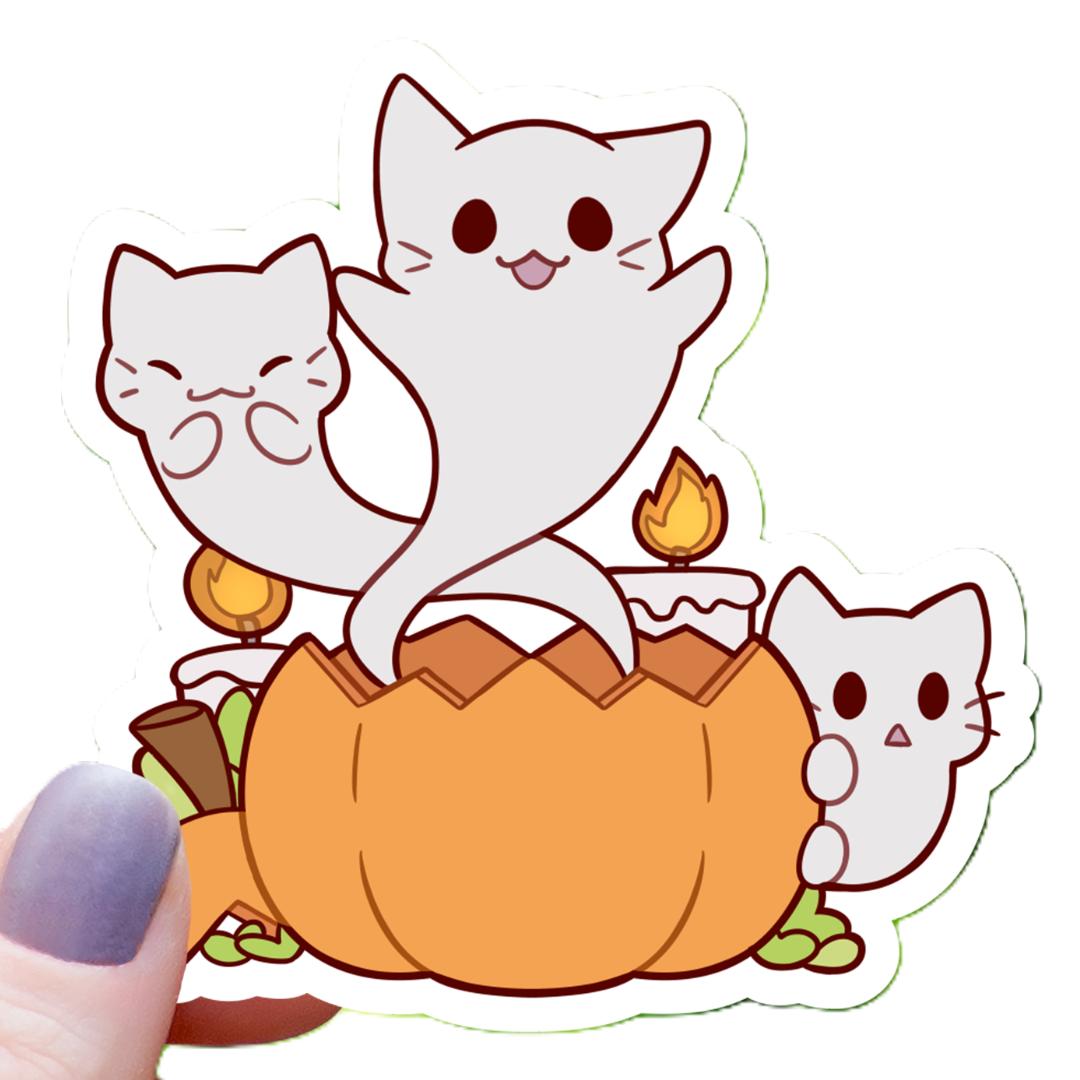 Ghost Cats Coming Out of Pumpkin Sticker - Halloween - 3" Waterproof Vinyl Decal