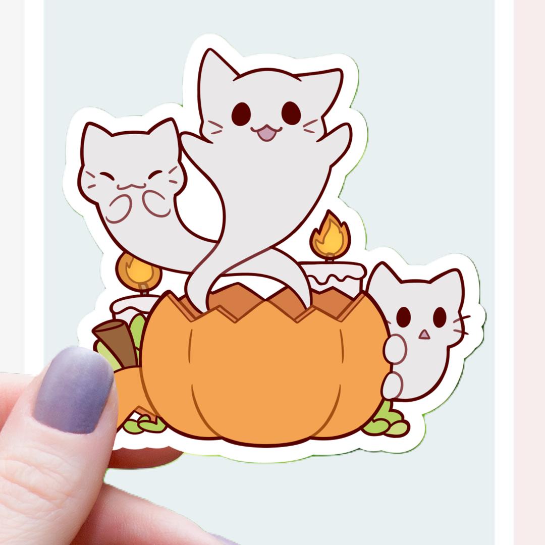 Ghost Cats Coming Out of Pumpkin Sticker - Halloween - 3" Waterproof Vinyl Decal