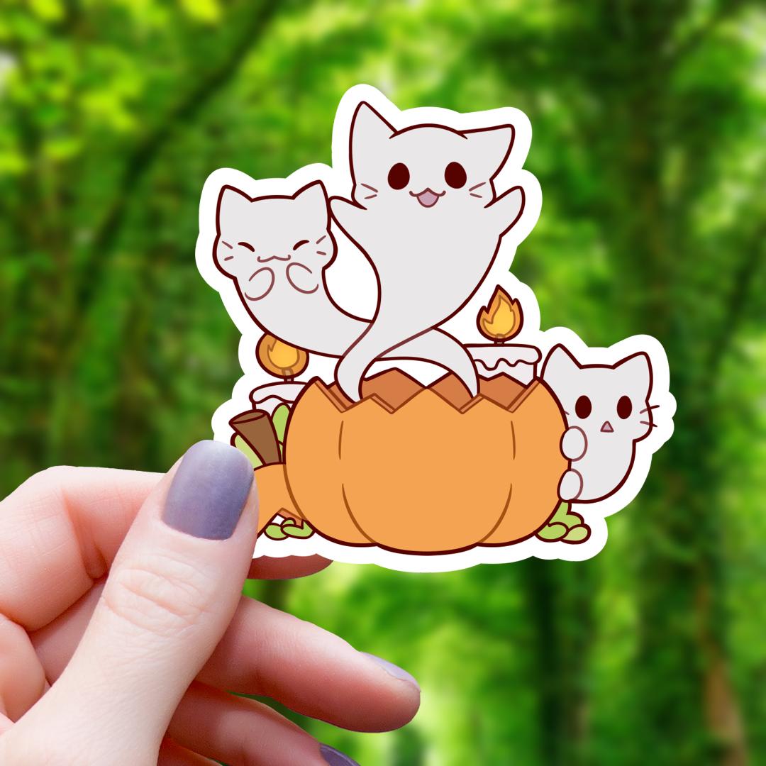 Ghost Cats Coming Out of Pumpkin Sticker - Halloween - 3" Waterproof Vinyl Decal