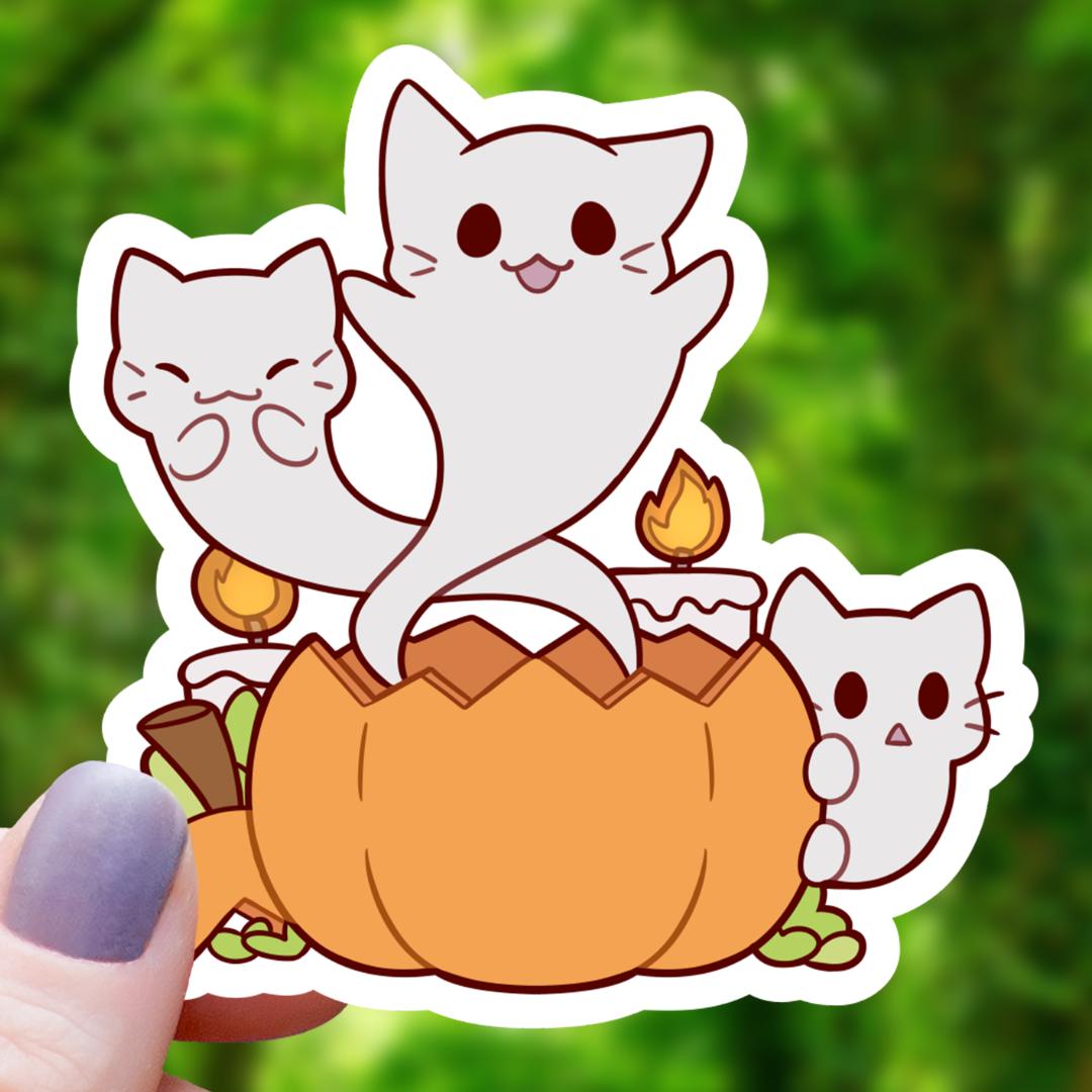 Ghost Cats Coming Out of Pumpkin Sticker - Halloween - 3" Waterproof Vinyl Decal