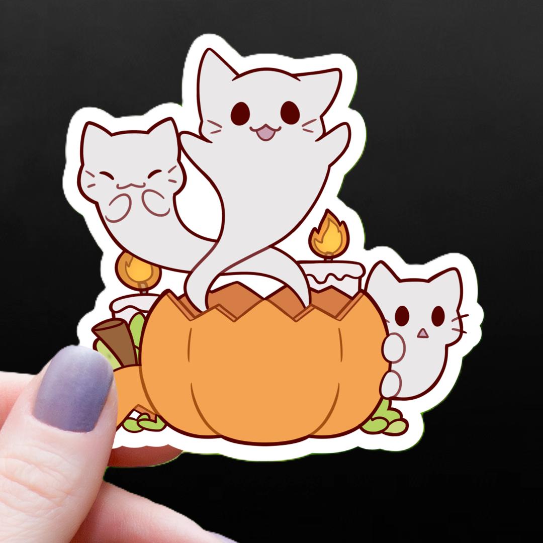 Ghost Cats Coming Out of Pumpkin Sticker - Halloween - 3" Waterproof Vinyl Decal