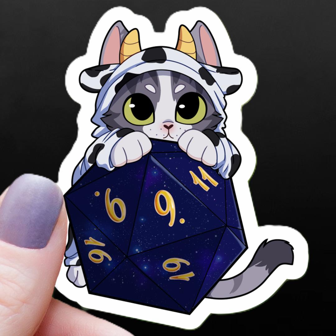 Cow Cat On Polyhedral D20 Dice Sticker - 3" Waterproof Vinyl Decal
