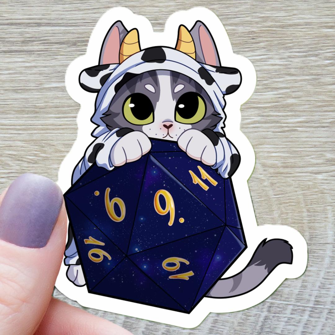 Cow Cat On Polyhedral D20 Dice Sticker - 3" Waterproof Vinyl Decal