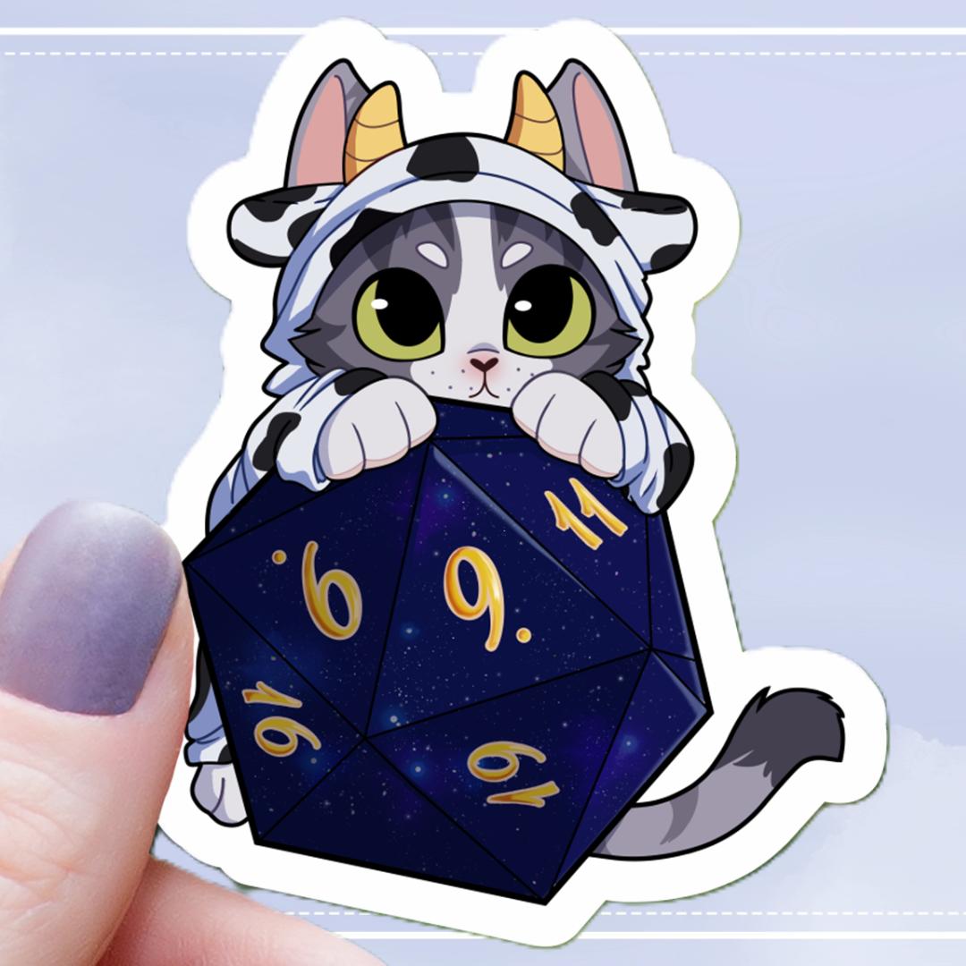 Cow Cat On Polyhedral D20 Dice Sticker - 3" Waterproof Vinyl Decal