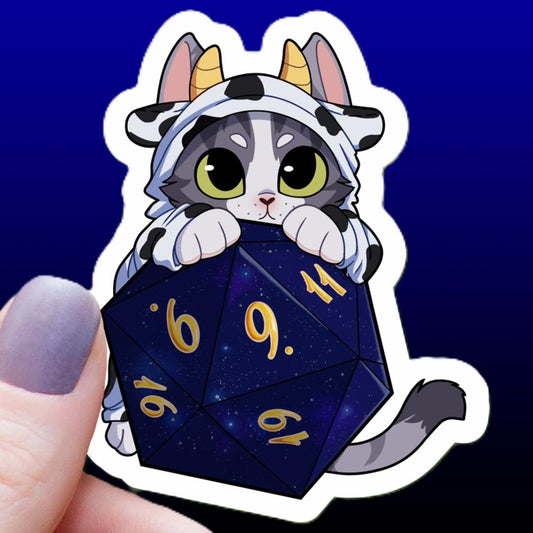 Cow Cat On Polyhedral D20 Dice Sticker - 3" Waterproof Vinyl Decal