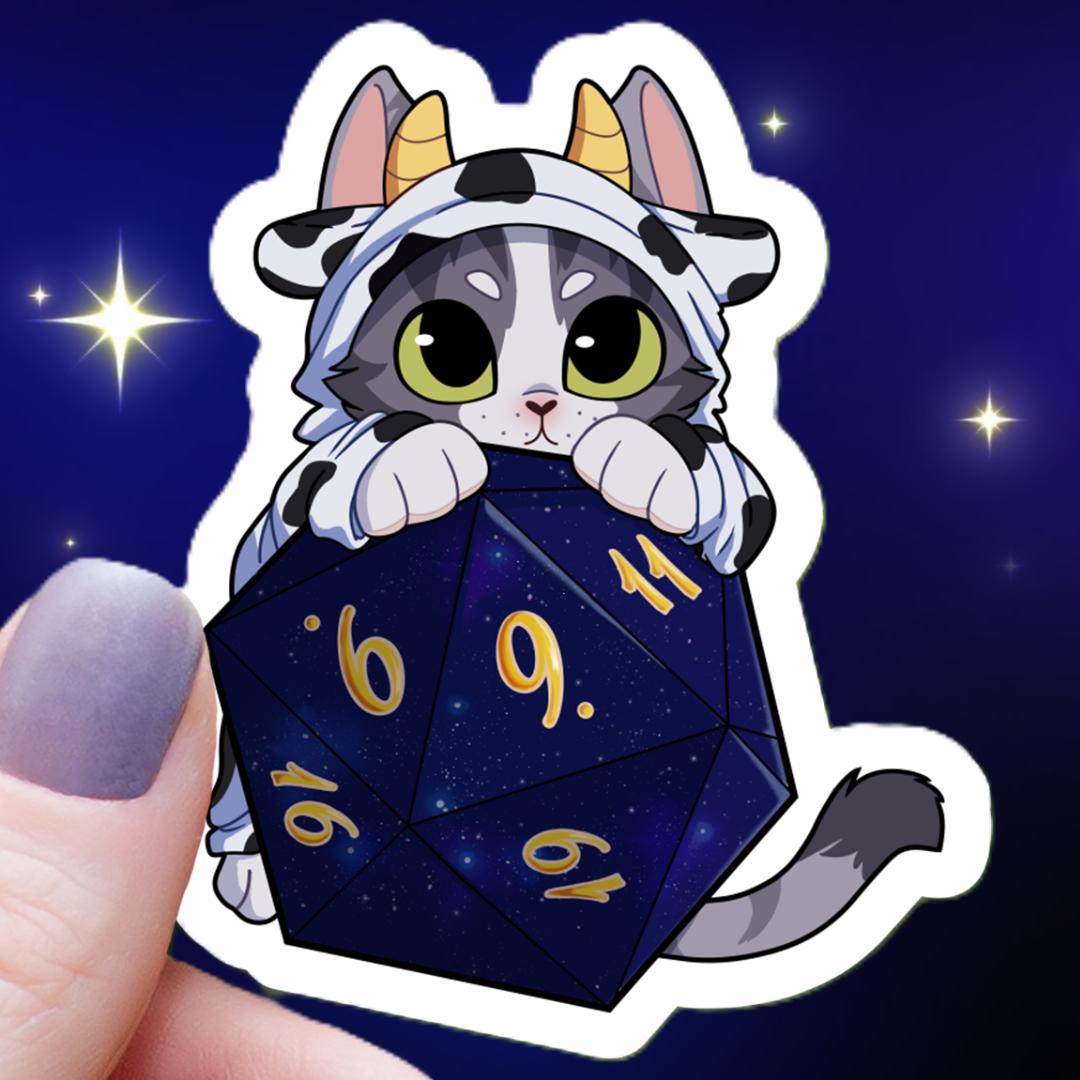Cow Cat On Polyhedral D20 Dice Sticker - 3" Waterproof Vinyl Decal