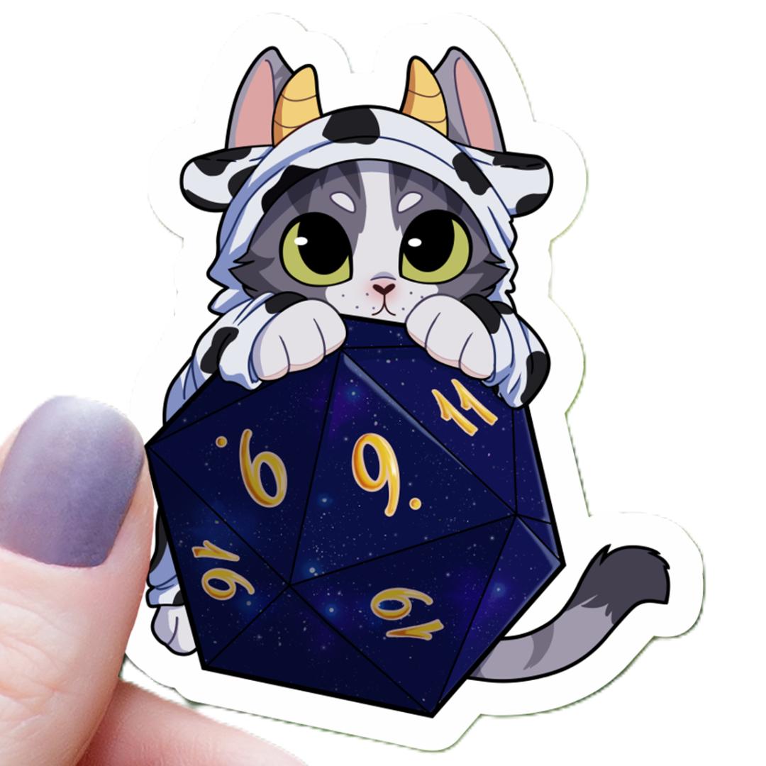 Cow Cat On Polyhedral D20 Dice Sticker - 3" Waterproof Vinyl Decal