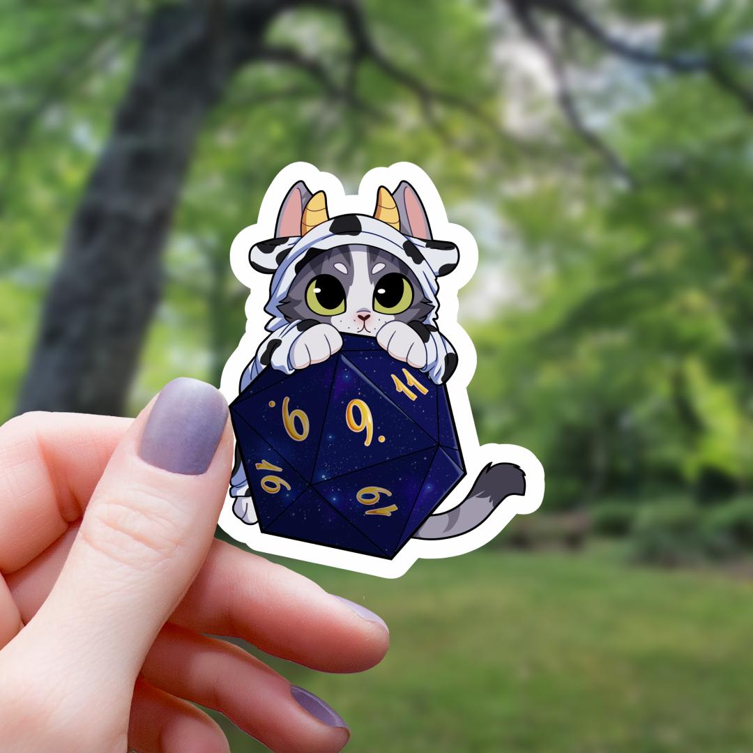 Cow Cat On Polyhedral D20 Dice Sticker - 3" Waterproof Vinyl Decal