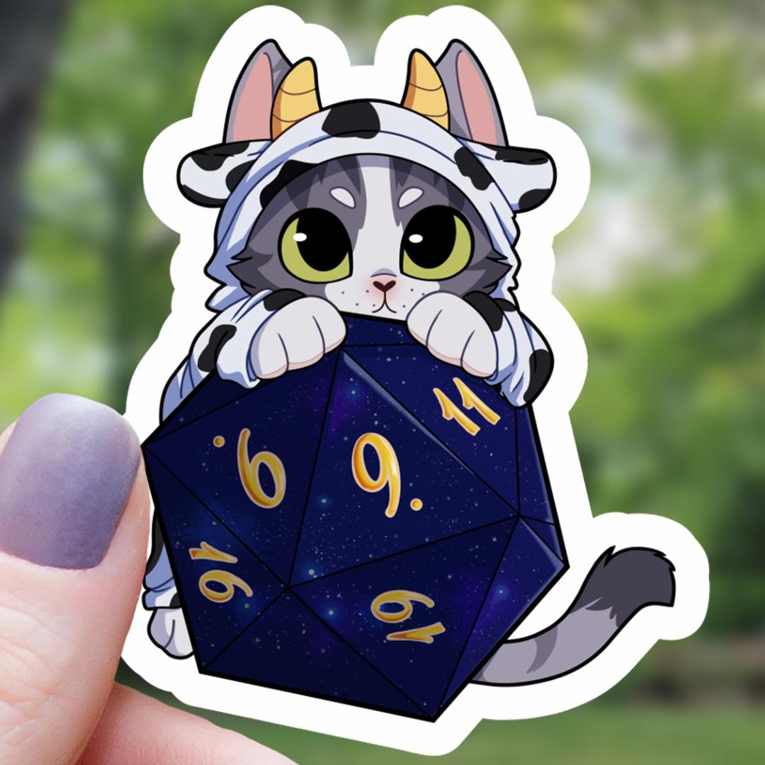 Cow Cat On Polyhedral D20 Dice Sticker - 3" Waterproof Vinyl Decal