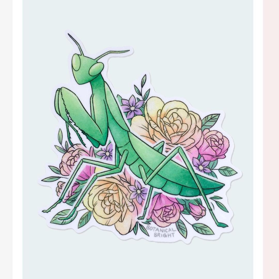 European Praying Mantis with Roses Sticker - Waterproof Vinyl