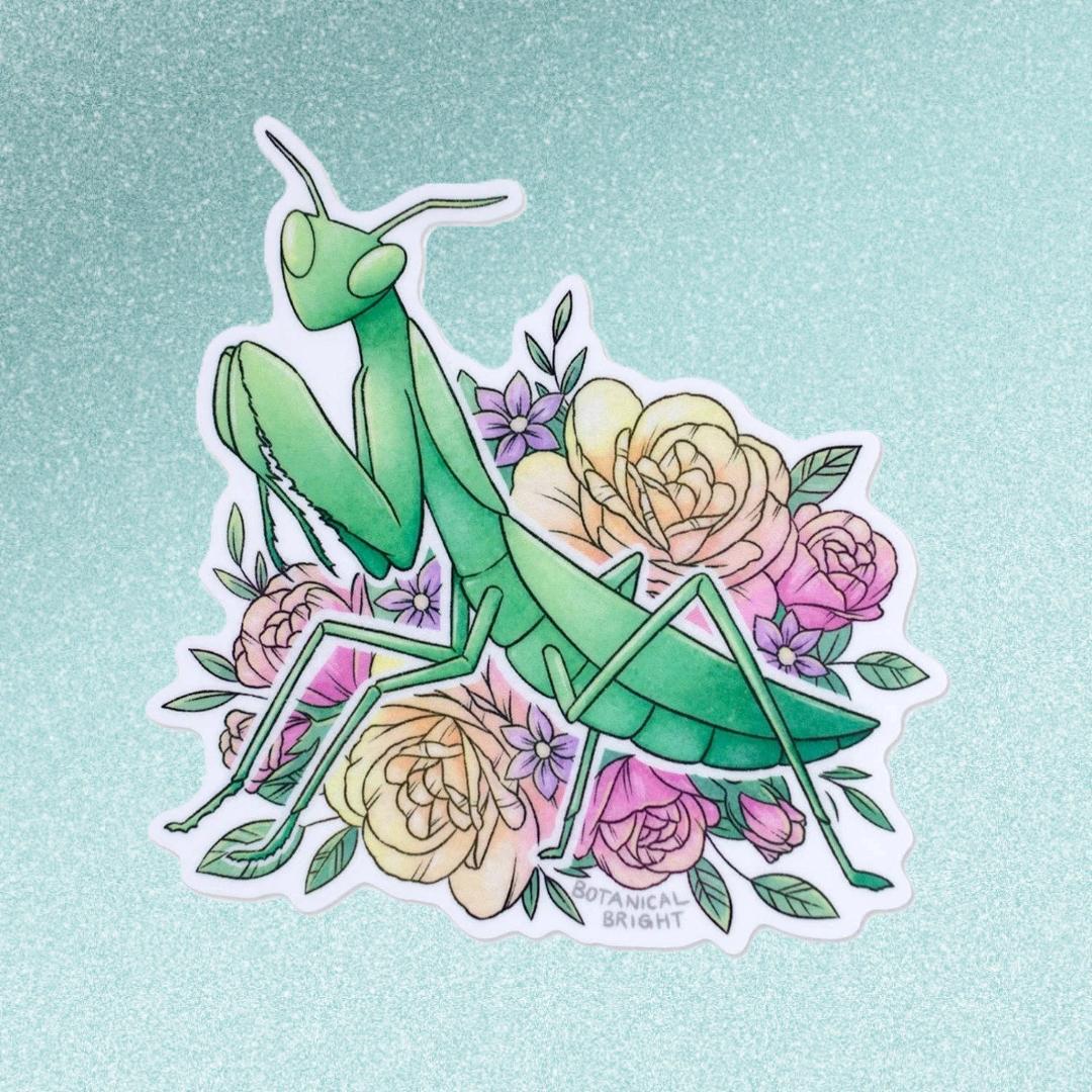 European Praying Mantis with Roses Sticker - Waterproof Vinyl