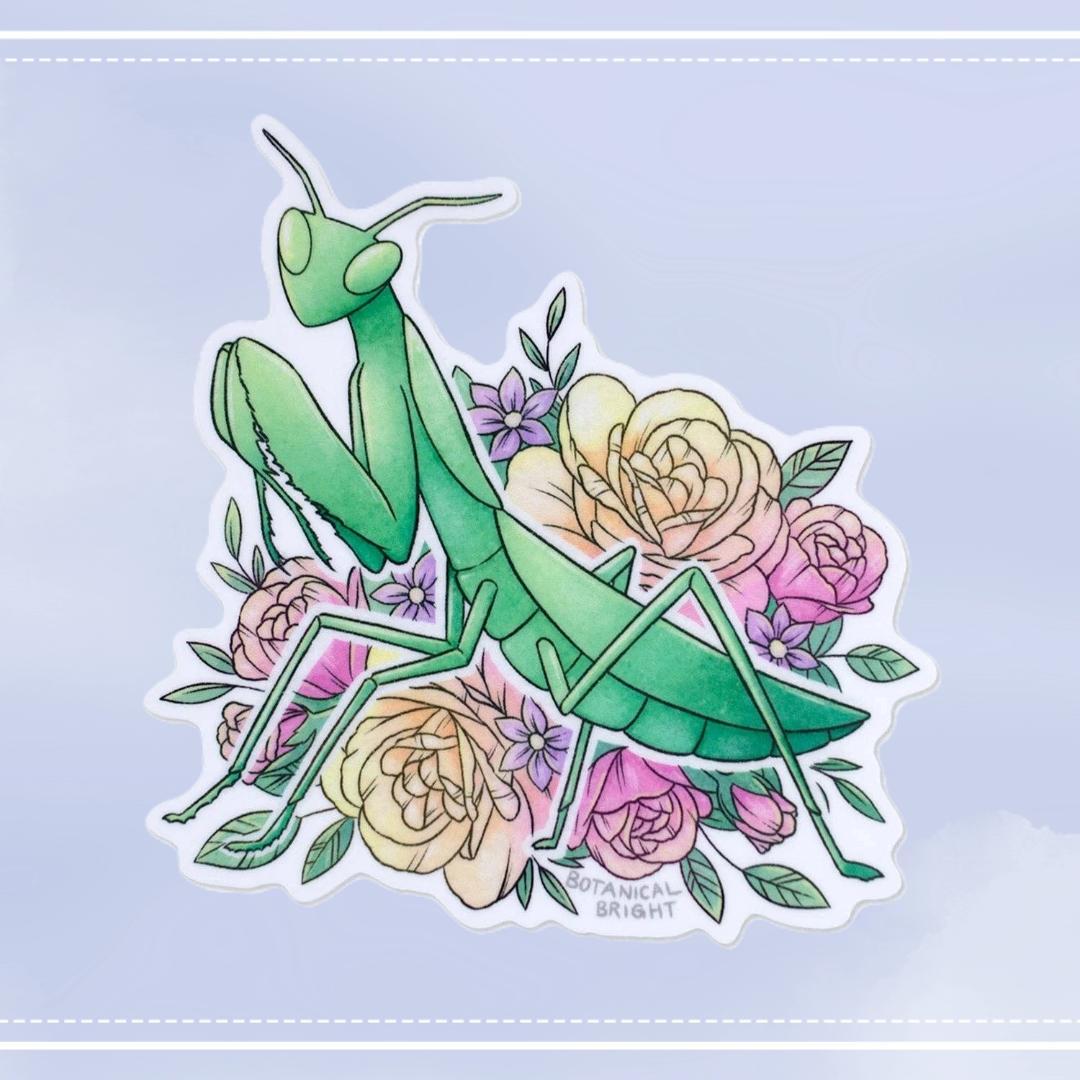 European Praying Mantis with Roses Sticker - Waterproof Vinyl