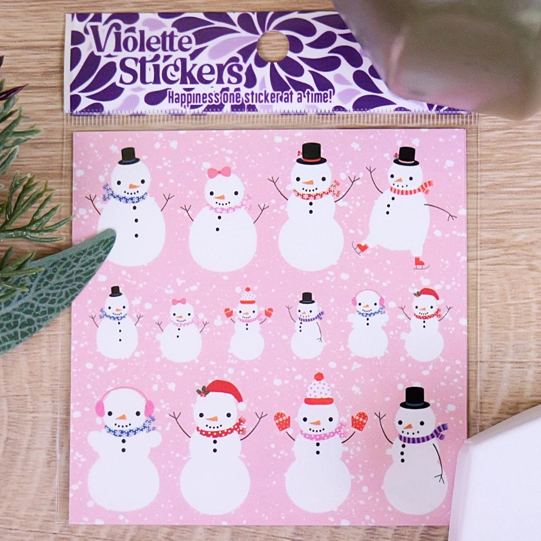 Pink Snowmen Stickers - 2 Winter & Christmas Sticker Sheets