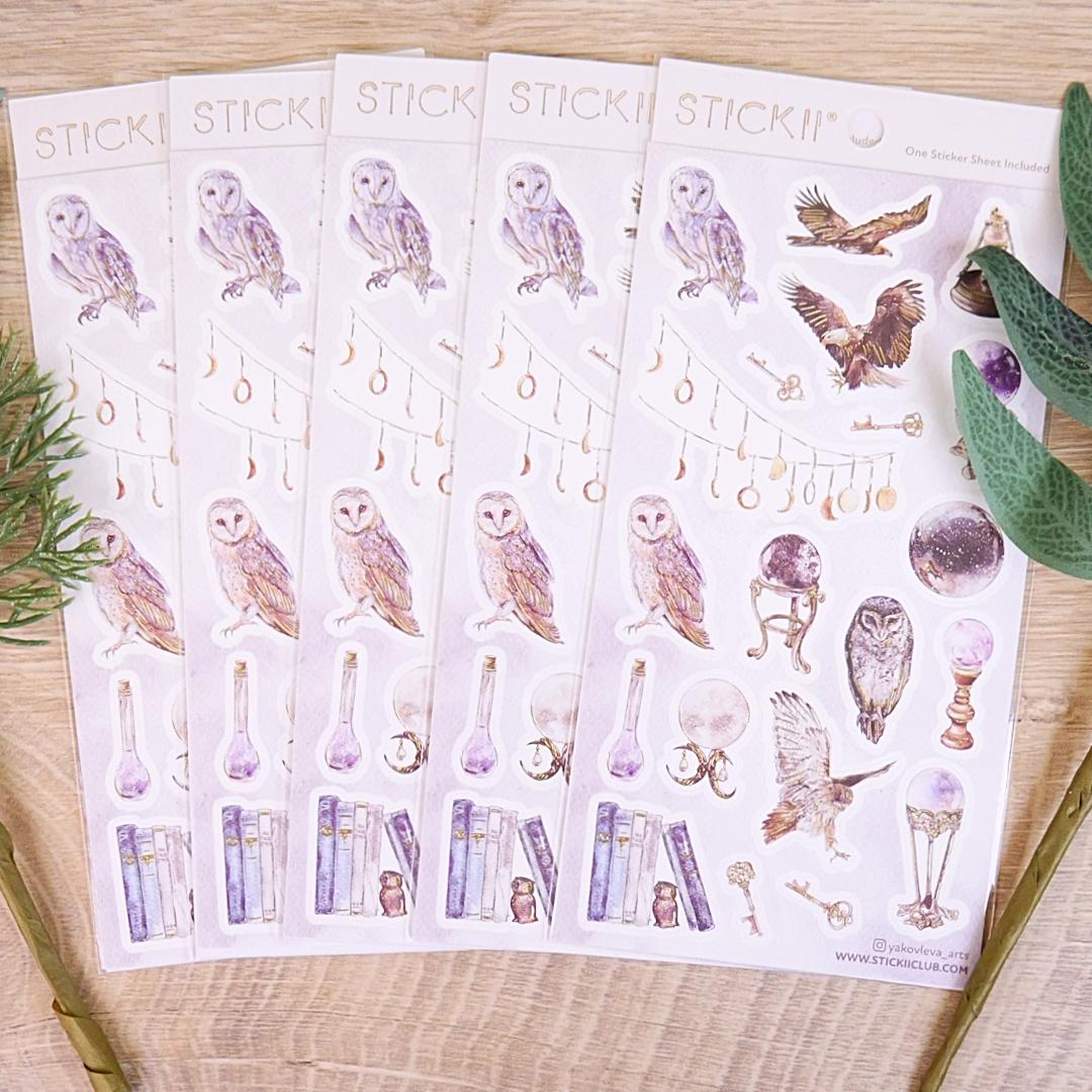 Bird Stickers - Mystical Owls, Eagles, & Crystal Balls - Gold Foil Sticker Sheet