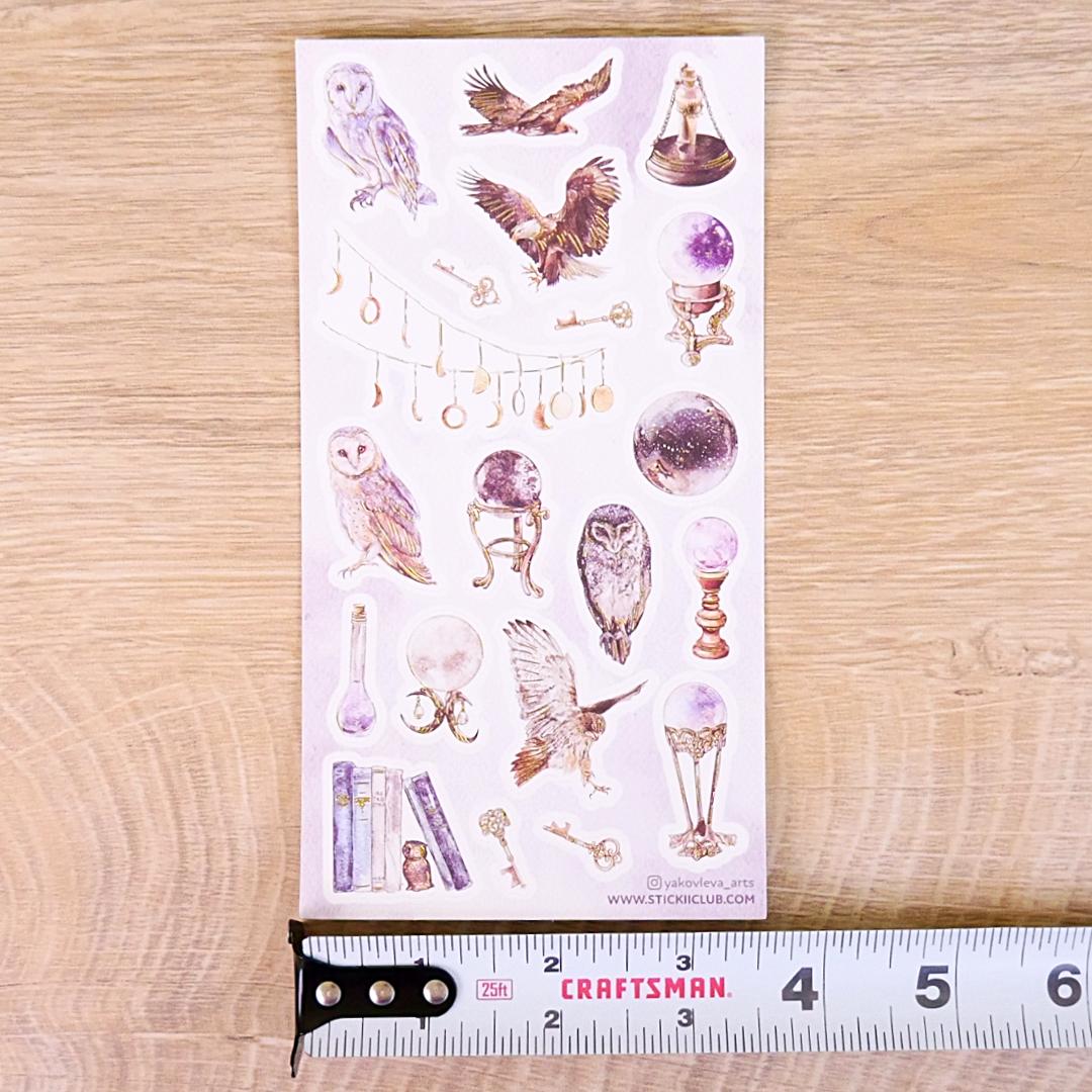 Bird Stickers - Mystical Owls, Eagles, & Crystal Balls - Gold Foil Sticker Sheet