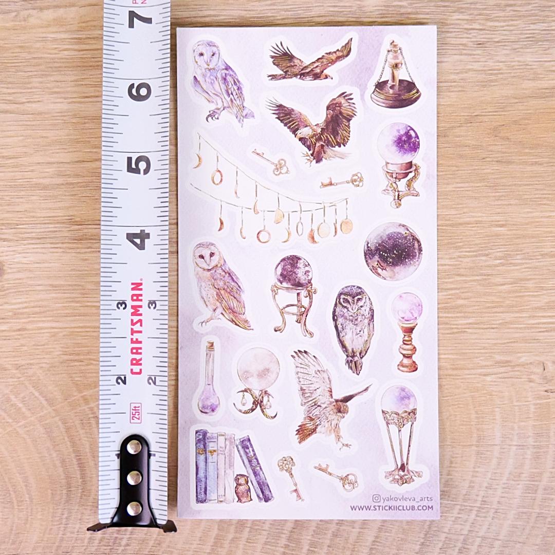 Bird Stickers - Mystical Owls, Eagles, & Crystal Balls - Gold Foil Sticker Sheet