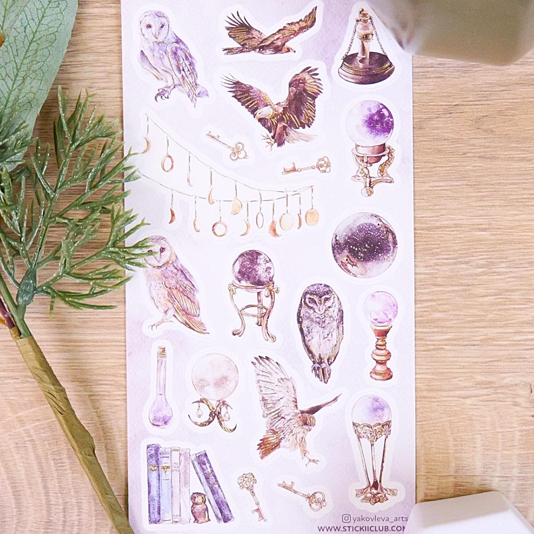 Bird Stickers - Mystical Owls, Eagles, & Crystal Balls - Gold Foil Sticker Sheet