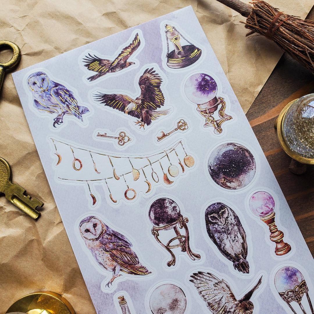 Bird Stickers - Mystical Owls, Eagles, & Crystal Balls - Gold Foil Sticker Sheet