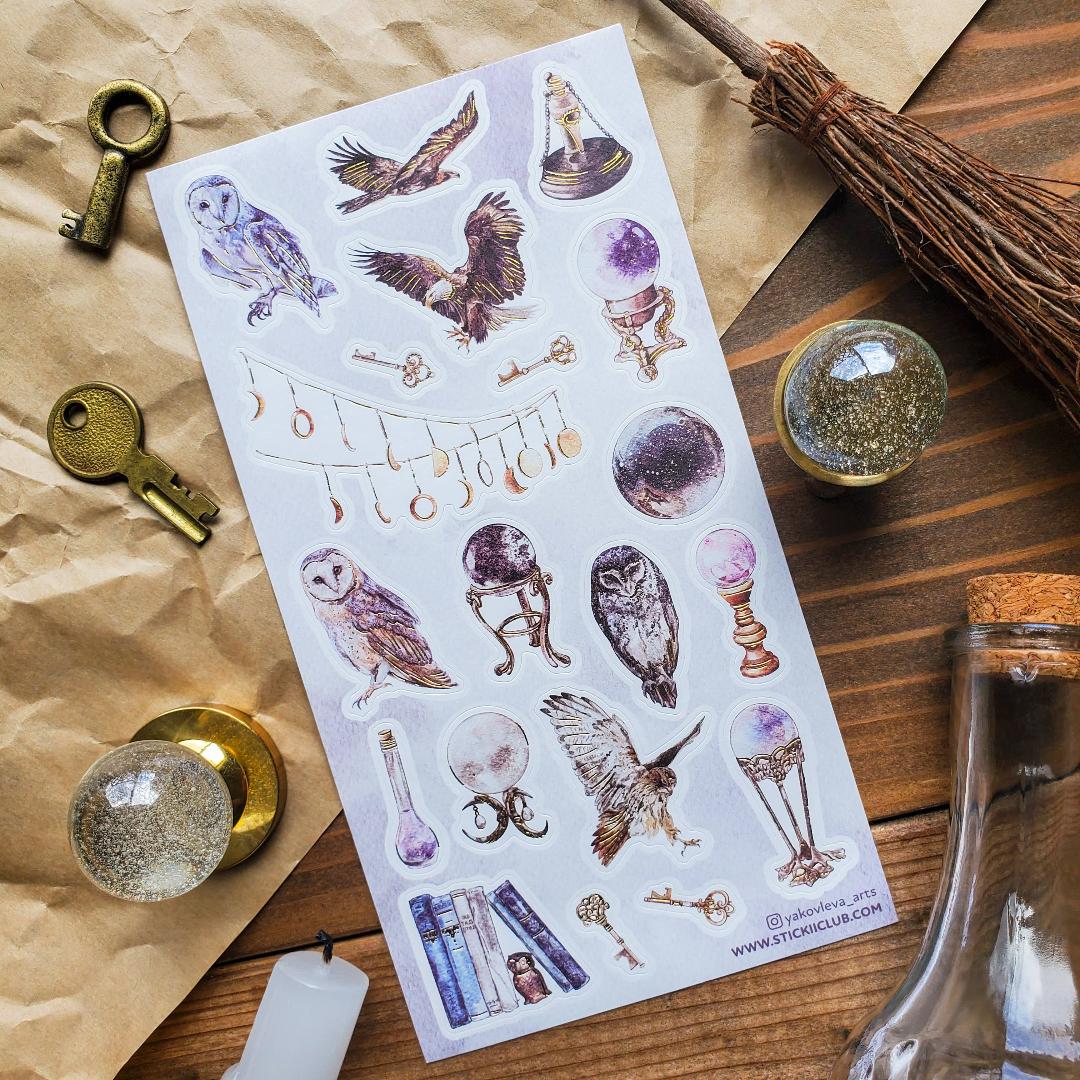 Bird Stickers - Mystical Owls, Eagles, & Crystal Balls - Gold Foil Sticker Sheet