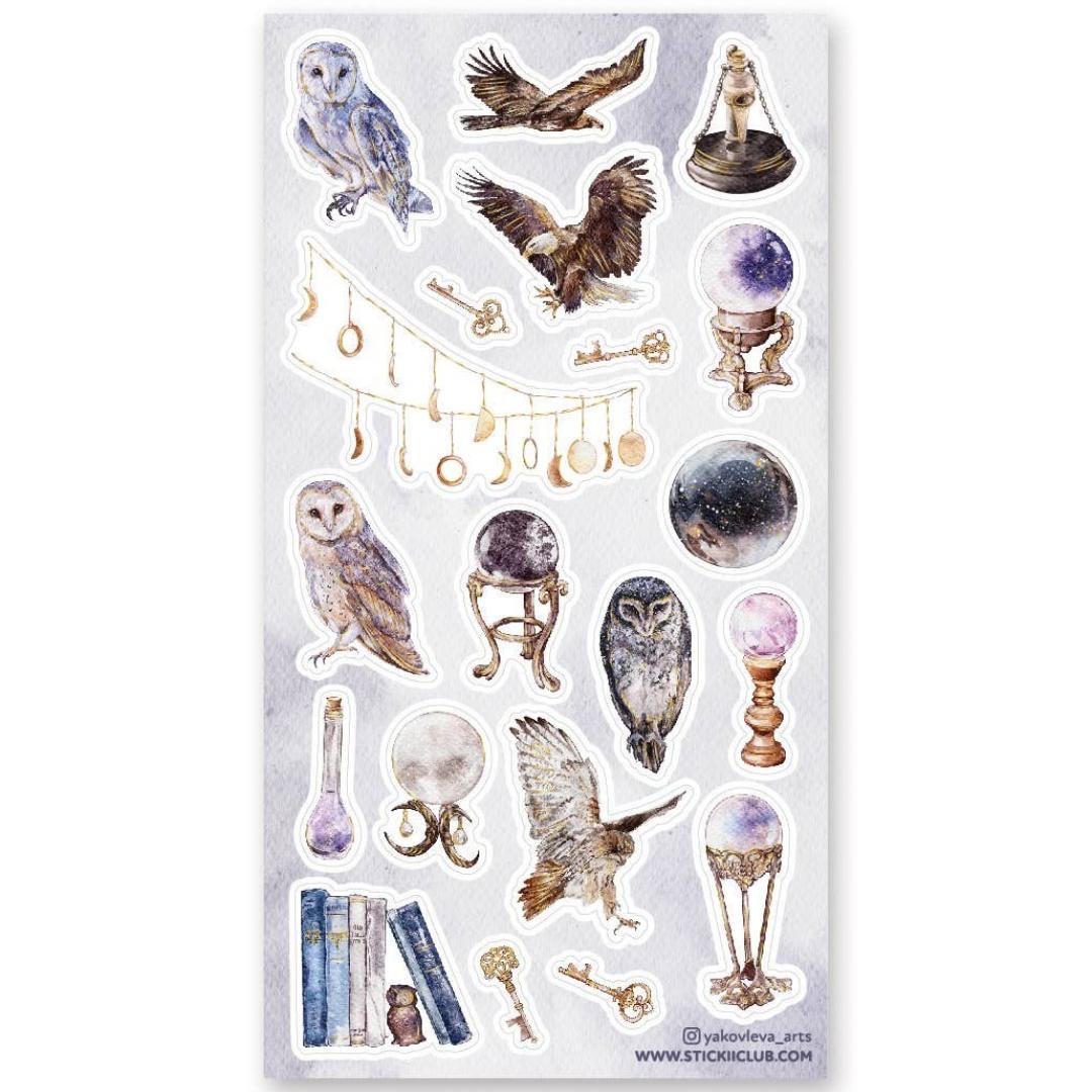 Bird Stickers - Mystical Owls, Eagles, & Crystal Balls - Gold Foil Sticker Sheet