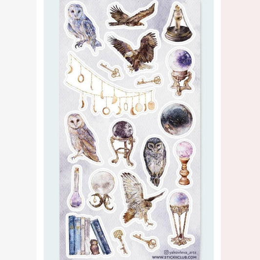 Bird Stickers - Mystical Owls, Eagles, & Crystal Balls - Gold Foil Sticker Sheet