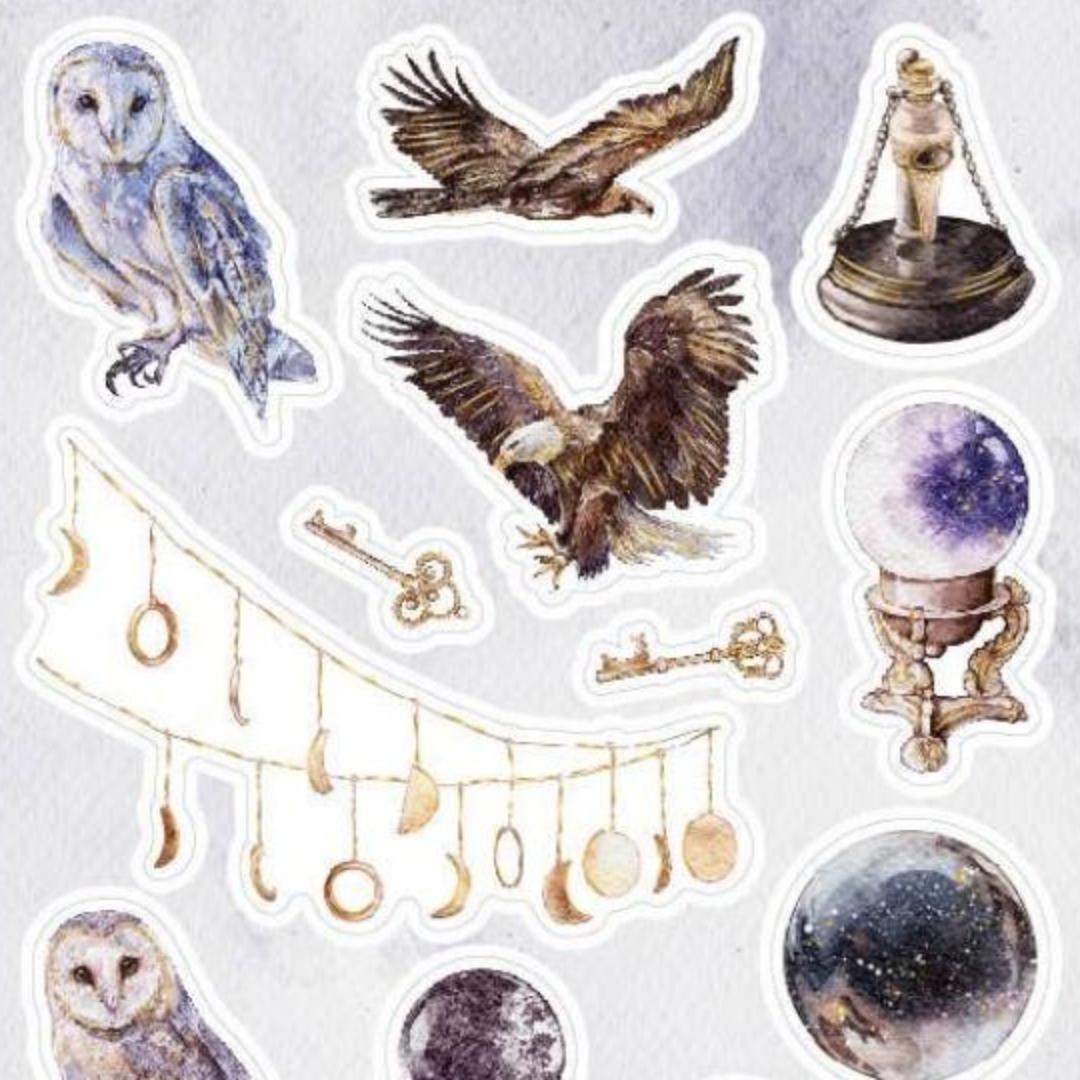 Bird Stickers - Mystical Owls, Eagles, & Crystal Balls - Gold Foil Sticker Sheet